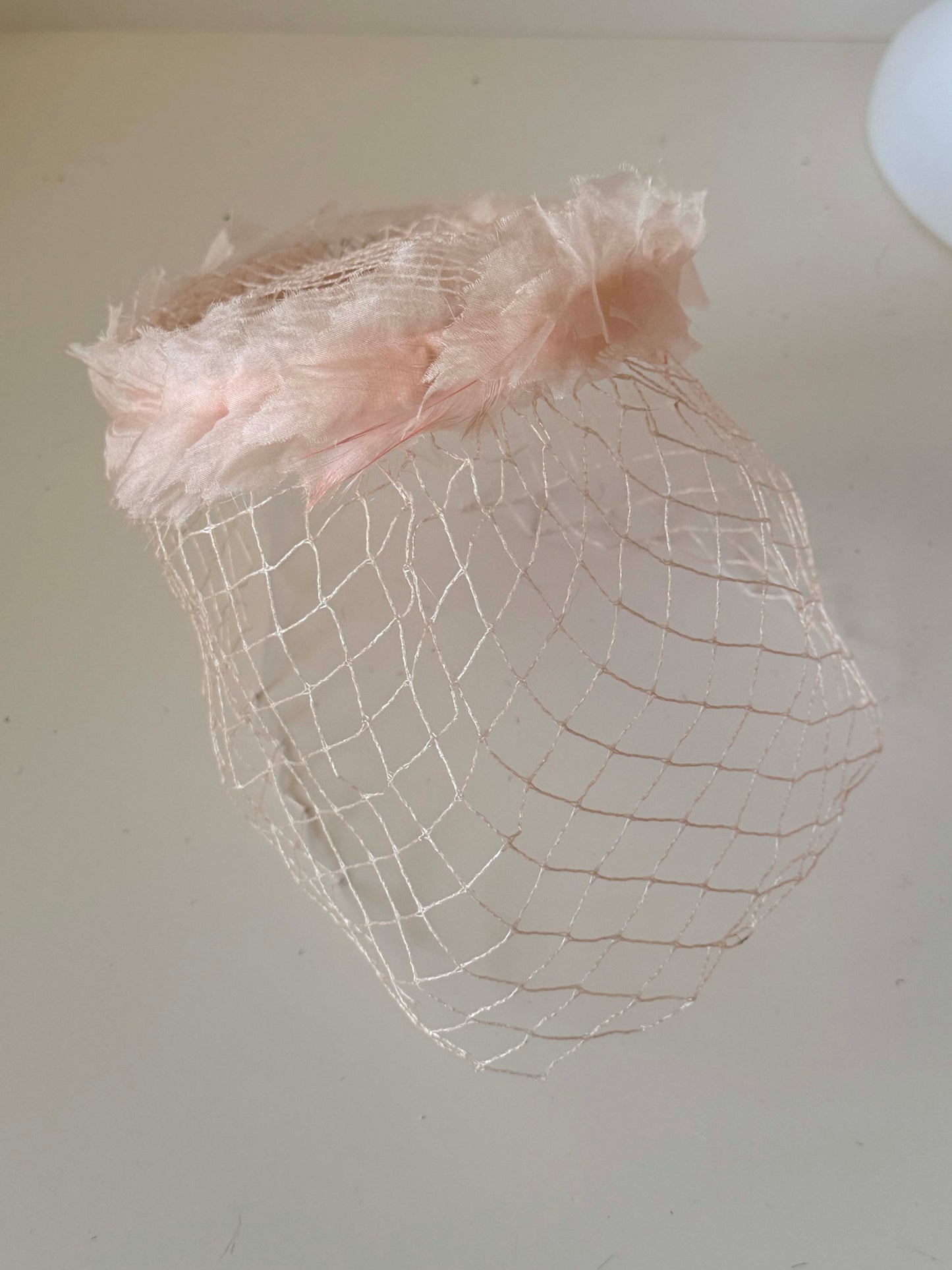 1950s Blush Pink Feather Veil Cocktail Hat Vintage Halo Fascinator Soft Netting Mid Century Bridal Headpiece