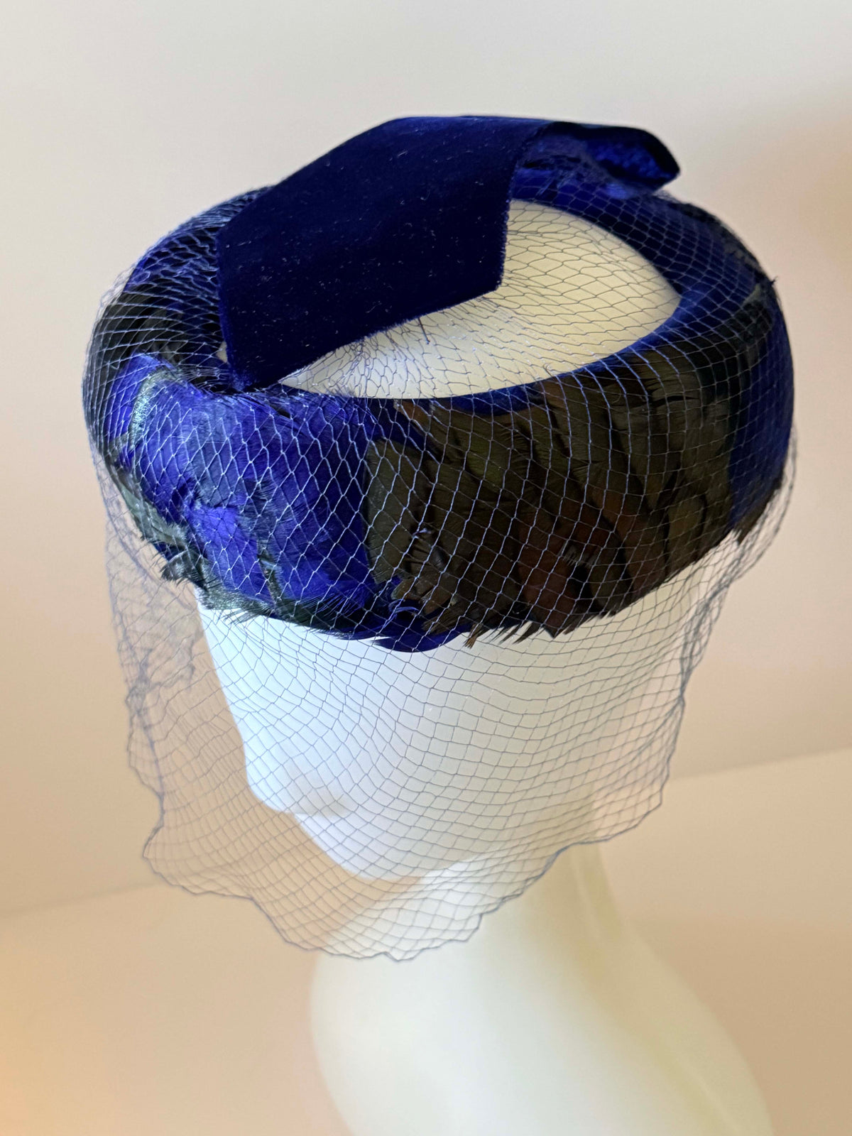 Vintage 1950s Royal Blue Velvet Hat with Iridescent Feathers & Face Veil | Mid Century Cocktail Hat