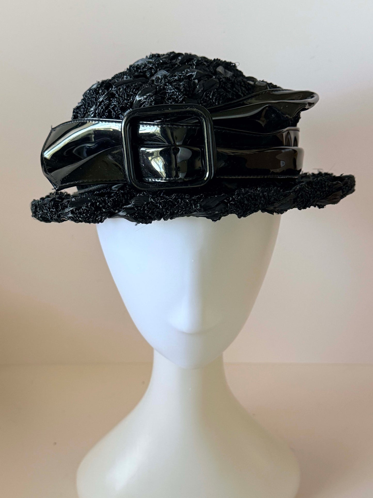 1950s Ruth Kuensting Waterloo Black Raffia Straw Hat Patent Bow Belt Detail Mid Century Cocktail Hat Vintage Designer Evening Hat