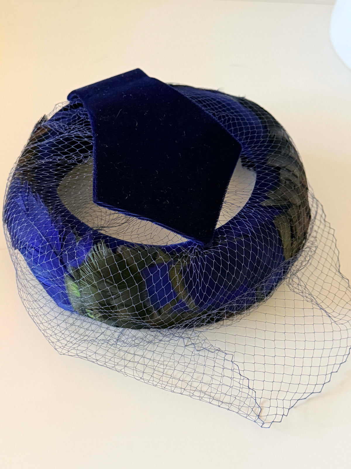 Vintage 1950s Royal Blue Velvet Hat with Iridescent Feathers & Face Veil | Mid Century Cocktail Hat