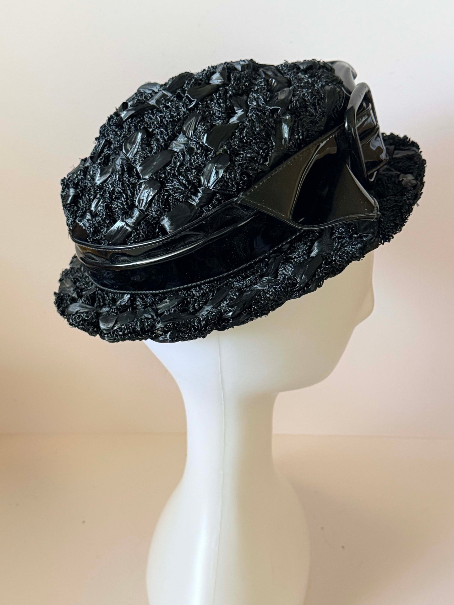 1950s Ruth Kuensting Waterloo Black Raffia Straw Hat Patent Bow Belt Detail Mid Century Cocktail Hat Vintage Designer Evening Hat