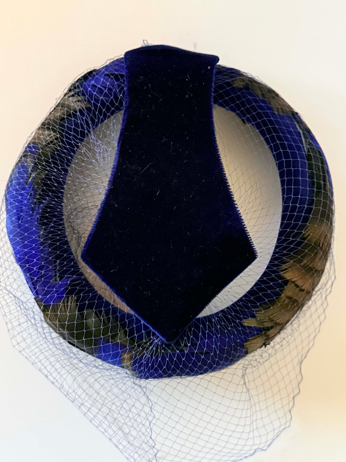 Vintage 1950s Royal Blue Velvet Hat with Iridescent Feathers & Face Veil | Mid Century Cocktail Hat