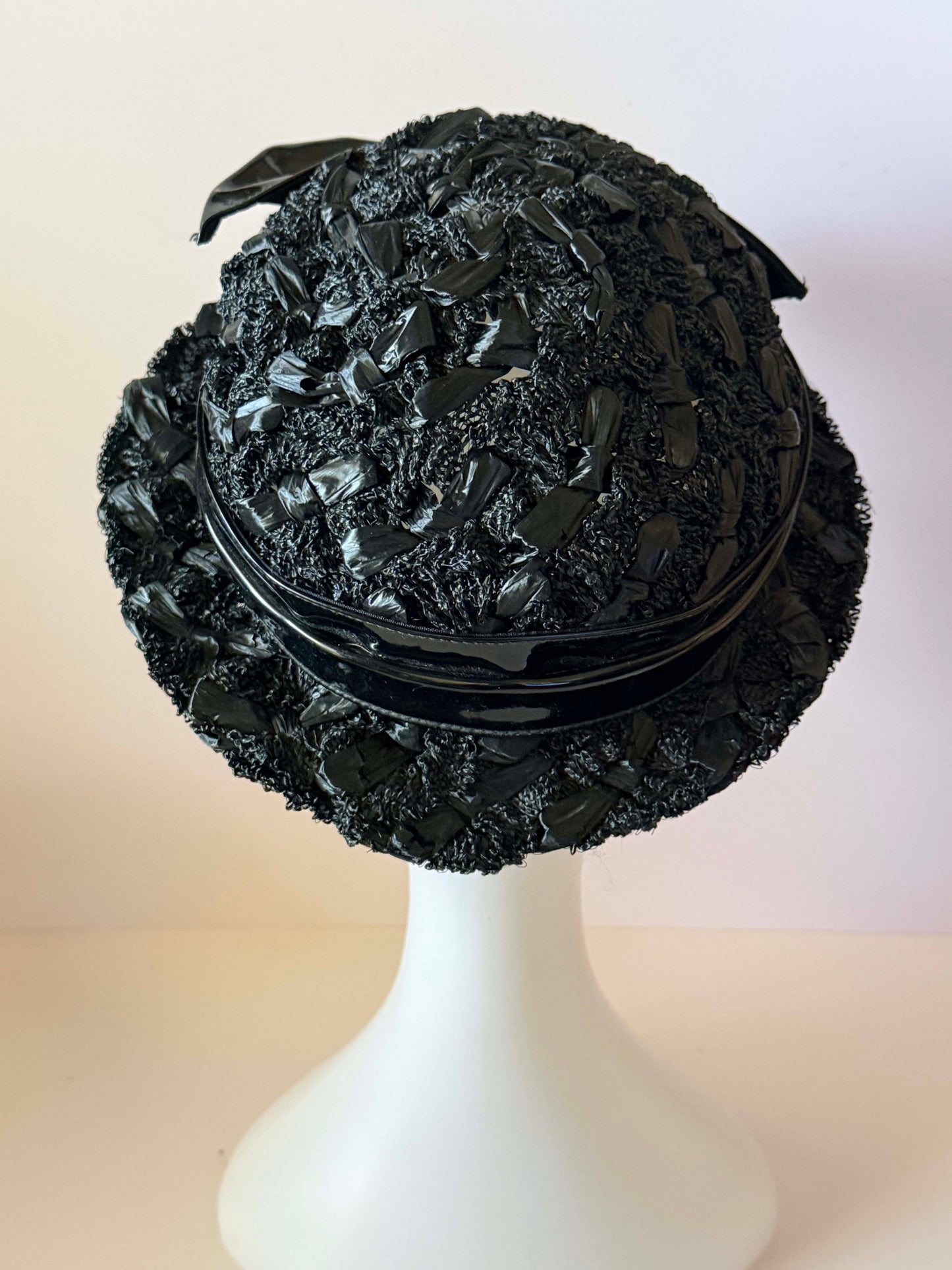 1950s Ruth Kuensting Waterloo Black Raffia Straw Hat Patent Bow Belt Detail Mid Century Cocktail Hat Vintage Designer Evening Hat