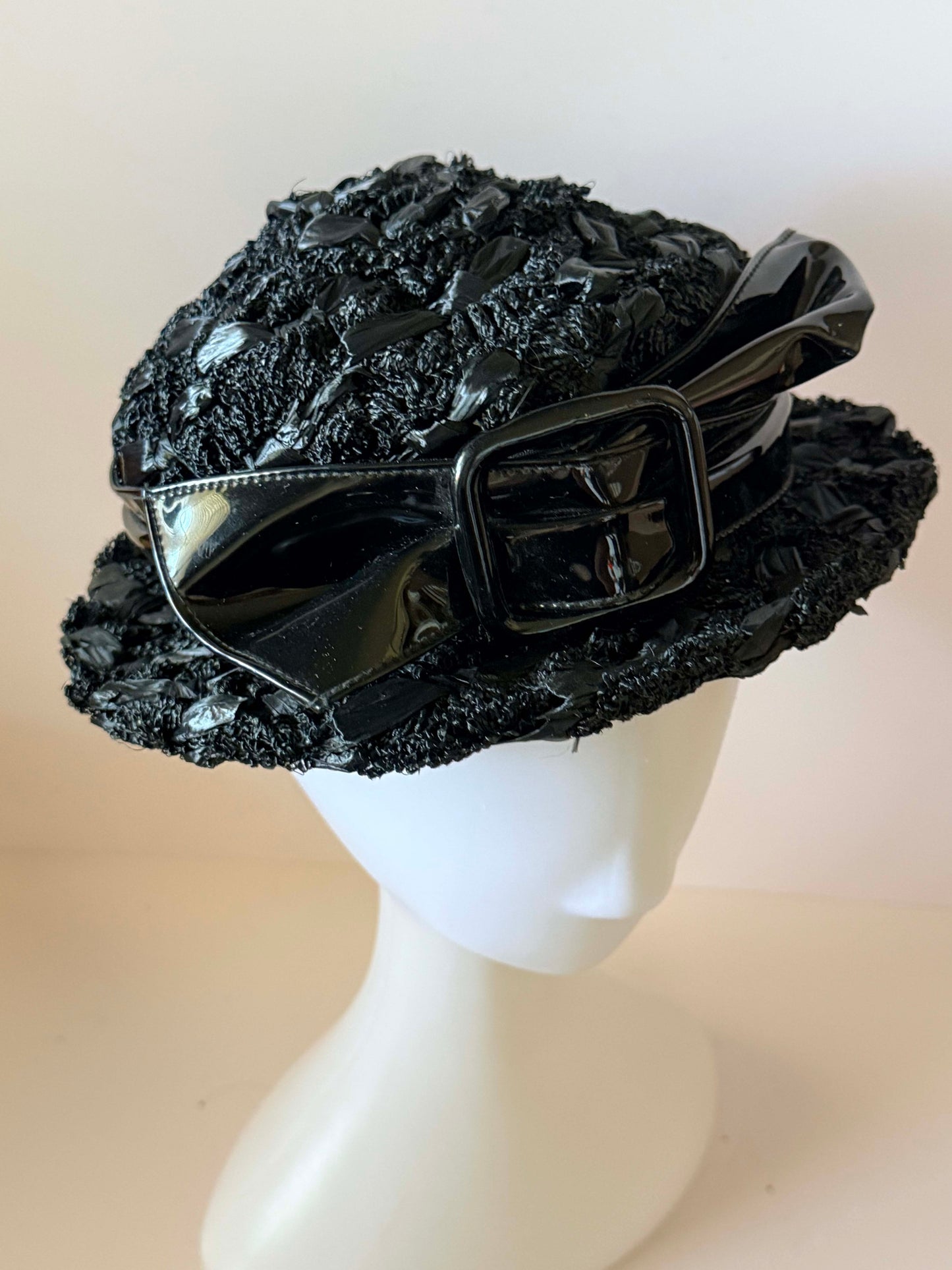 1950s Ruth Kuensting Waterloo Black Raffia Straw Hat Patent Bow Belt Detail Mid Century Cocktail Hat Vintage Designer Evening Hat