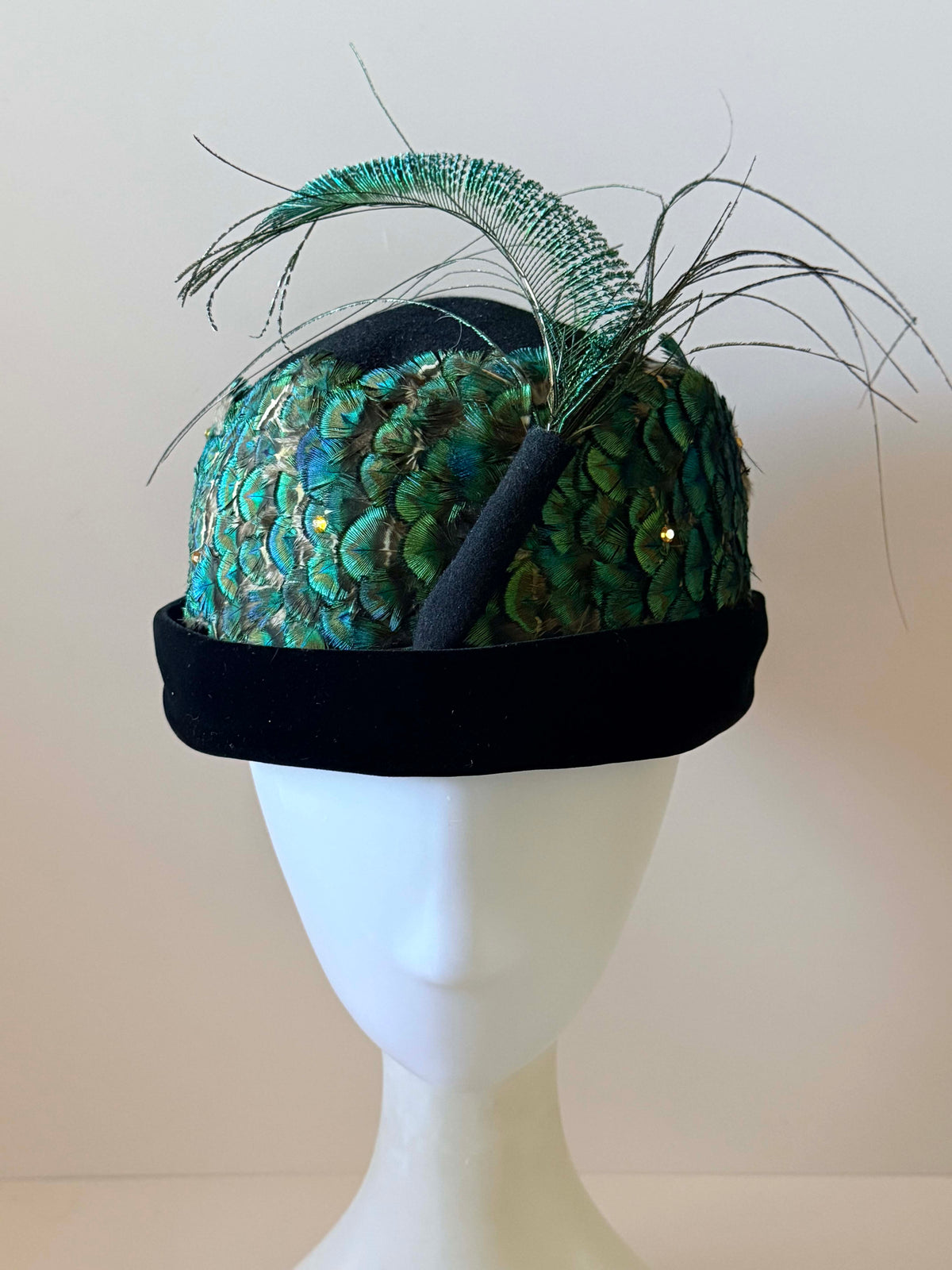 Vintage 1950s Oscar de la Renta Peacock Feather Hat | Black Velvet Rhinestone Cocktail Hat