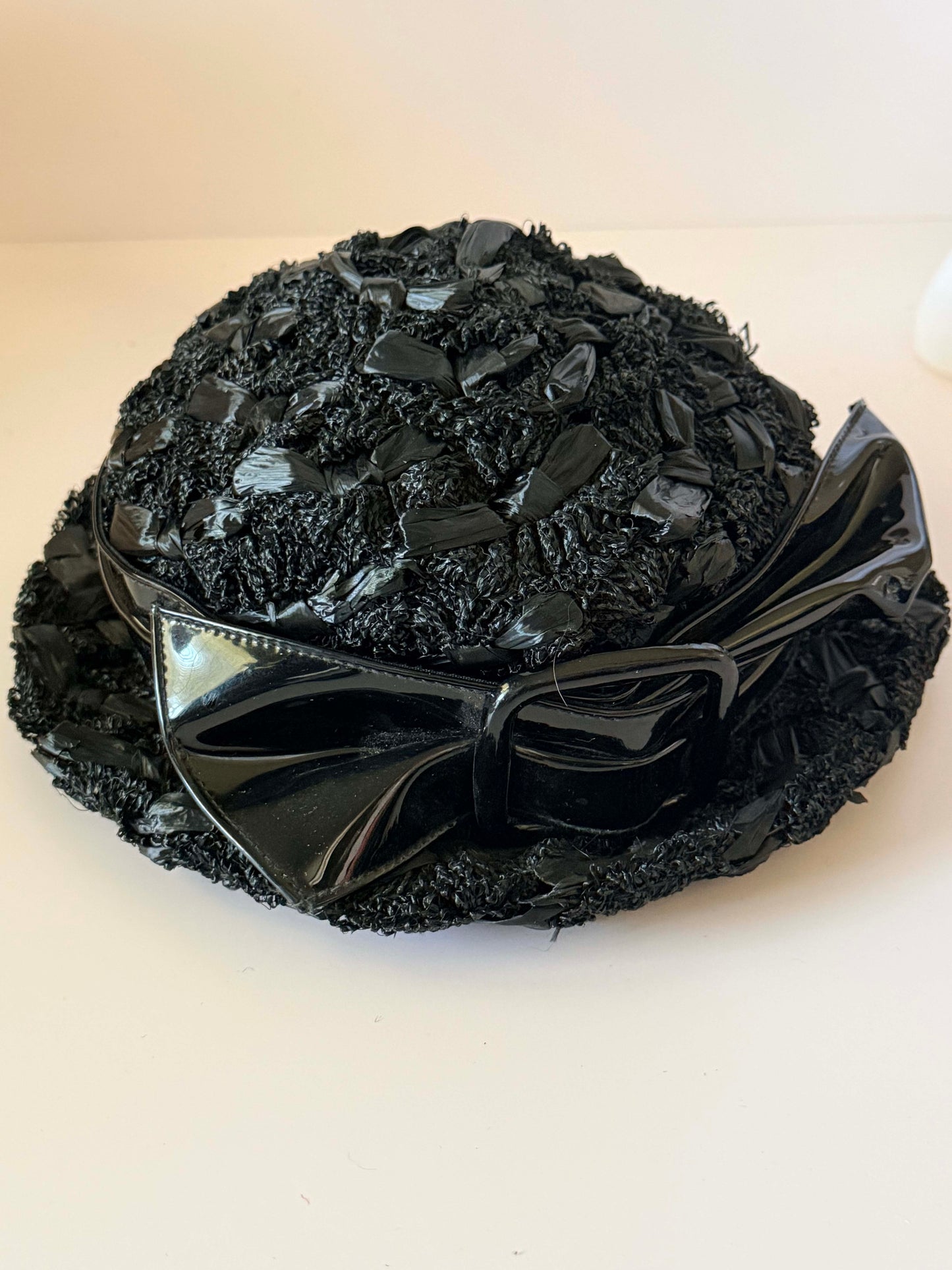 1950s Ruth Kuensting Waterloo Black Raffia Straw Hat Patent Bow Belt Detail Mid Century Cocktail Hat Vintage Designer Evening Hat