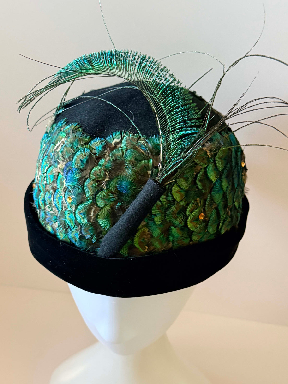 Vintage 1950s Oscar de la Renta Peacock Feather Hat | Black Velvet Rhinestone Cocktail Hat