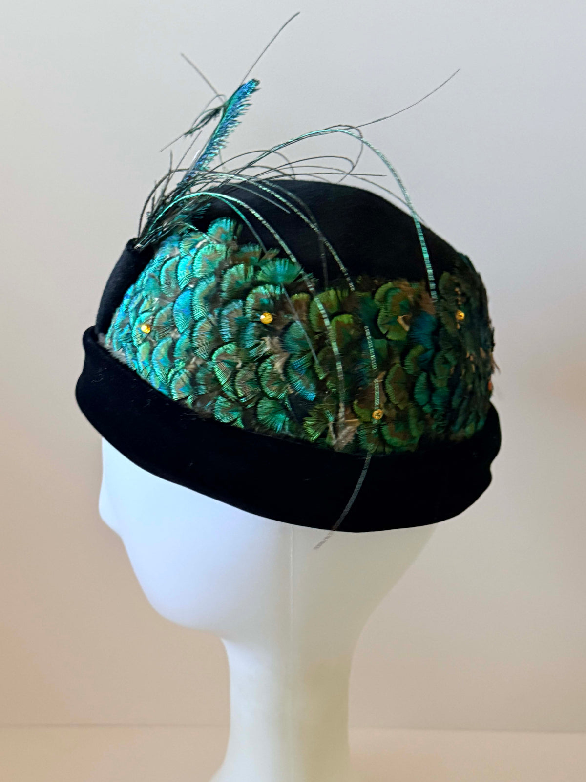 Vintage 1950s Oscar de la Renta Peacock Feather Hat | Black Velvet Rhinestone Cocktail Hat