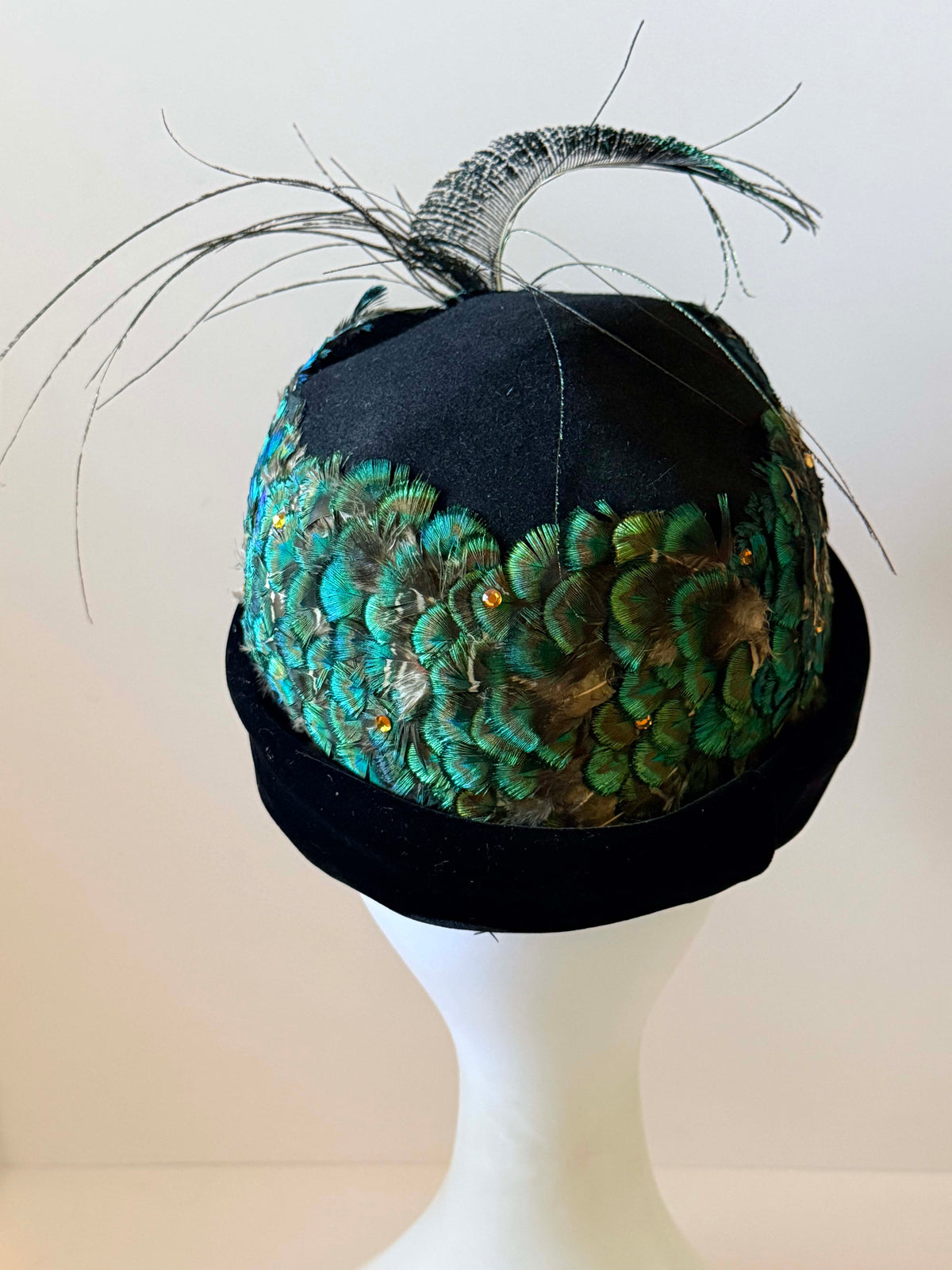 Vintage 1950s Oscar de la Renta Peacock Feather Hat | Black Velvet Rhinestone Cocktail Hat