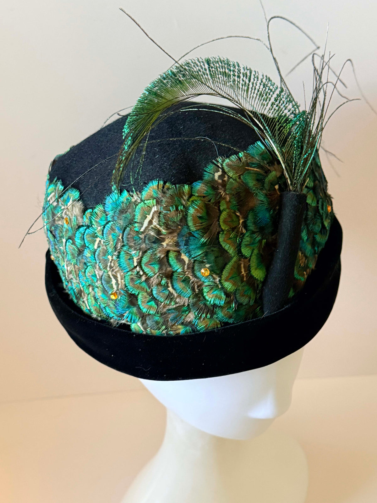 Vintage 1950s Oscar de la Renta Peacock Feather Hat | Black Velvet Rhinestone Cocktail Hat