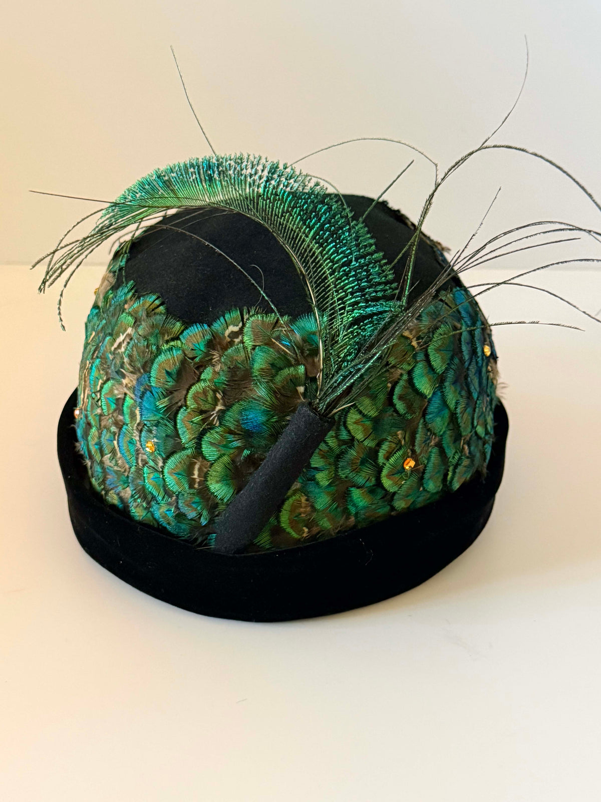 Vintage 1950s Oscar de la Renta Peacock Feather Hat | Black Velvet Rhinestone Cocktail Hat