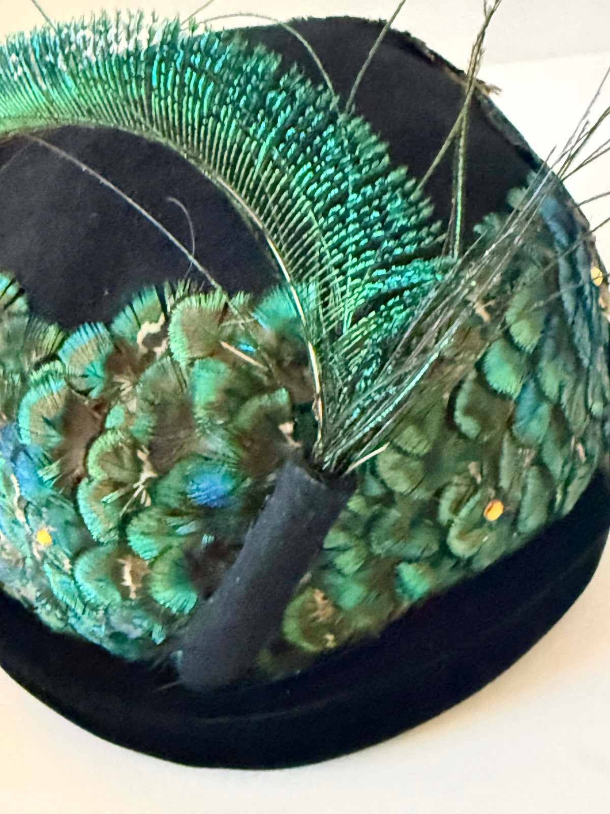 Vintage 1950s Oscar de la Renta Peacock Feather Hat | Black Velvet Rhinestone Cocktail Hat