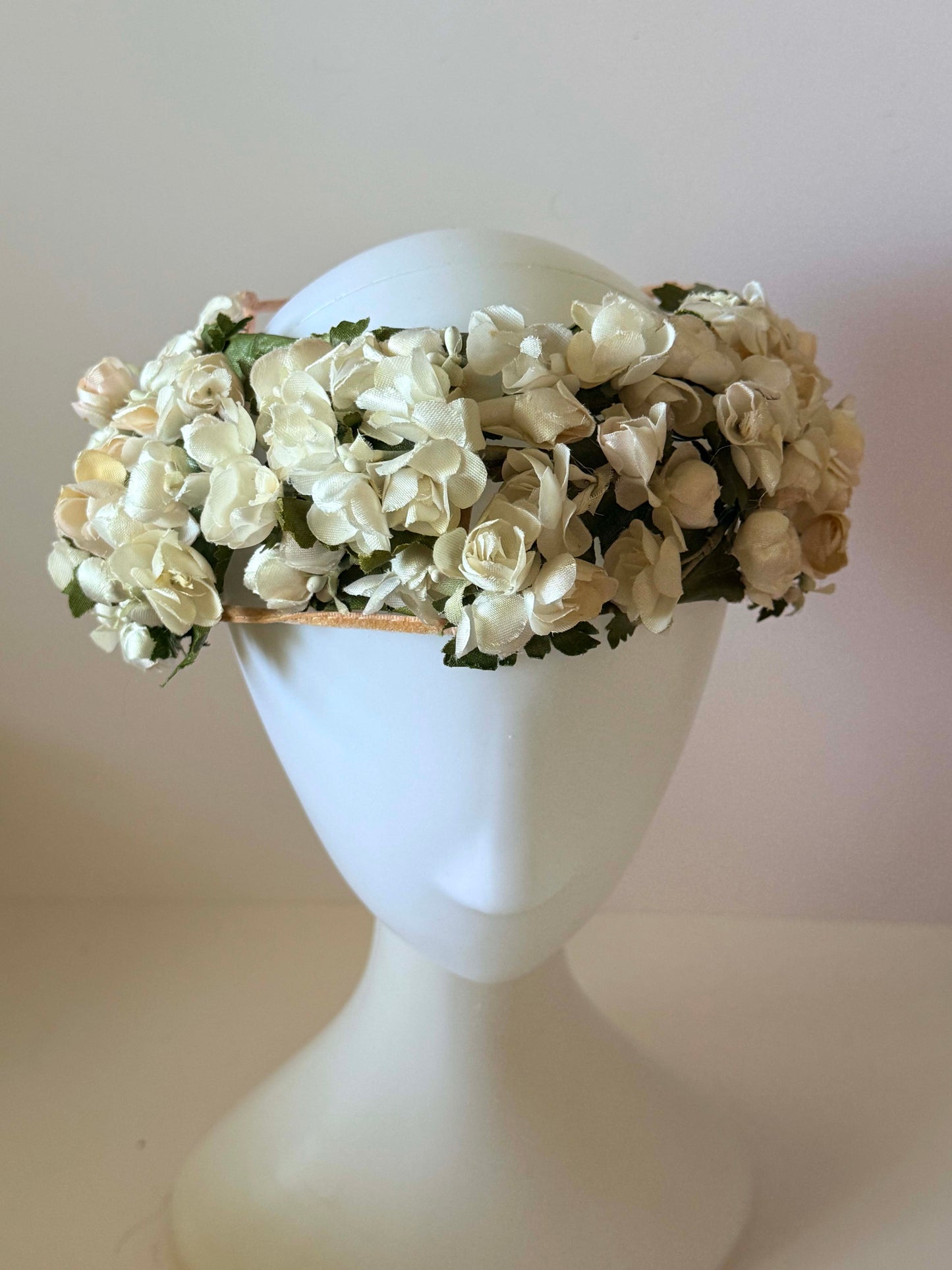 1950s Floral Crown Half Hat Ivory Rose Garland Veil Ready Vintage Bridal Headpiece Garden Wedding Halo