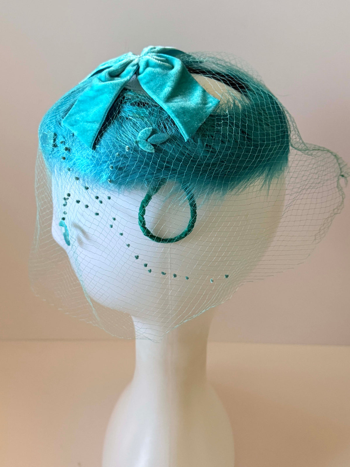 Vintage 1950s Aqua Blue Velvet Cocktail Hat with Face Veil Bow & Floral Appliqués | Mid Century Hat
