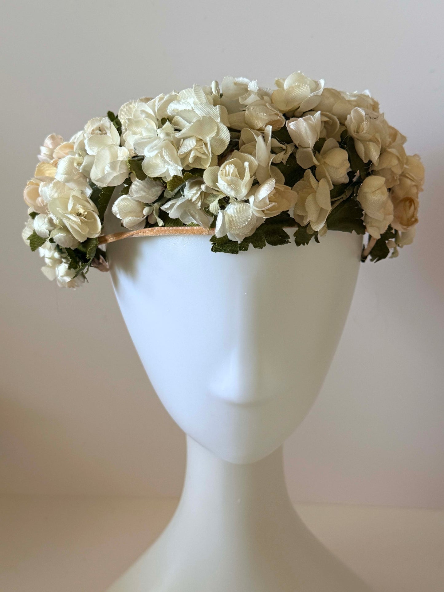 1950s Floral Crown Half Hat Ivory Rose Garland Veil Ready Vintage Bridal Headpiece Garden Wedding Halo