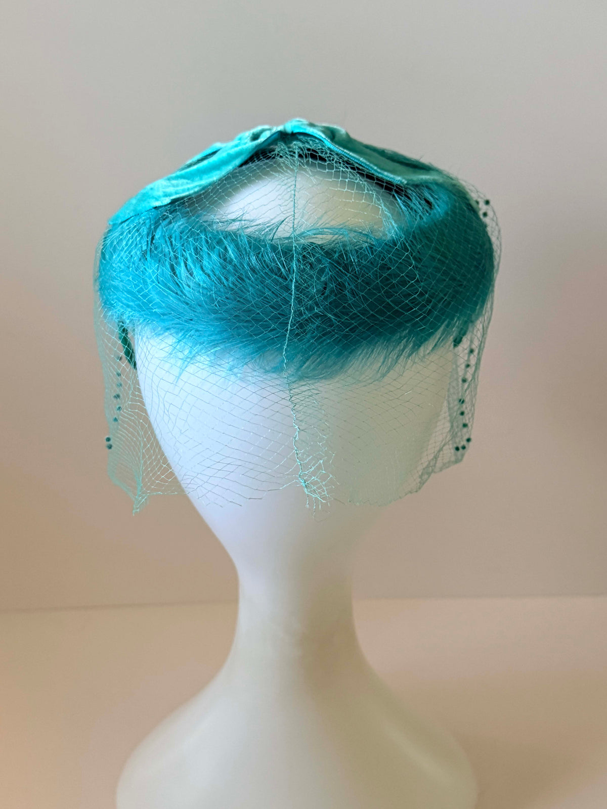Vintage 1950s Aqua Blue Velvet Cocktail Hat with Face Veil Bow & Floral Appliqués | Mid Century Hat