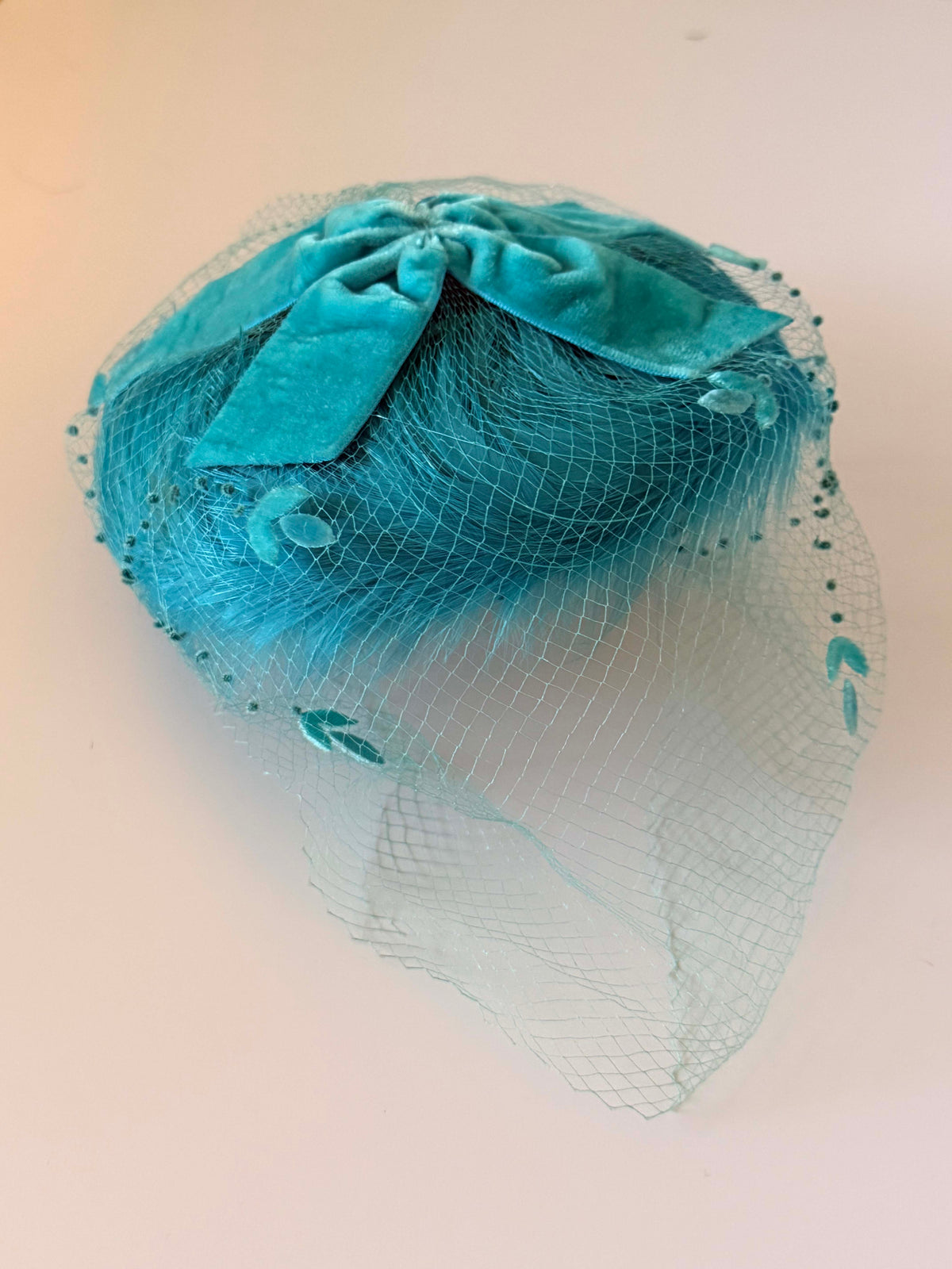 Vintage 1950s Aqua Blue Velvet Cocktail Hat with Face Veil Bow & Floral Appliqués | Mid Century Hat