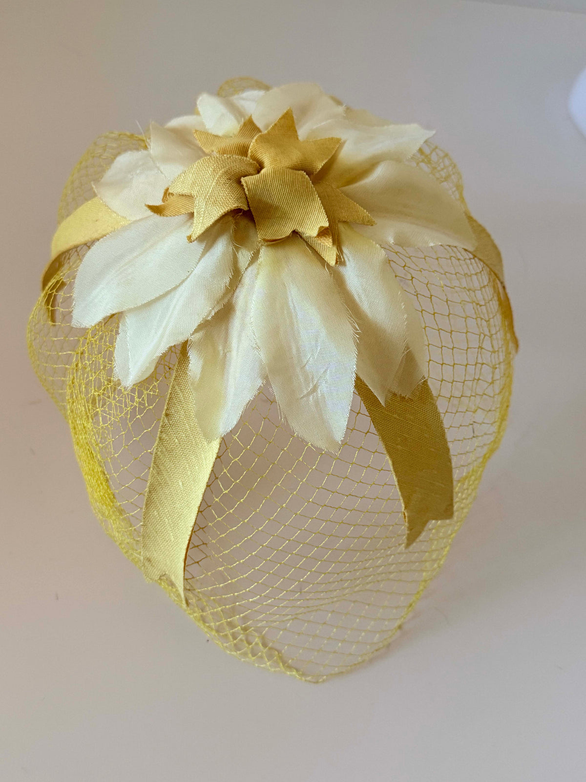 Vintage 1950s Mustard Yellow Fascinator Hat | Floral Veiled Pillbox Topper Cocktail Headpiece