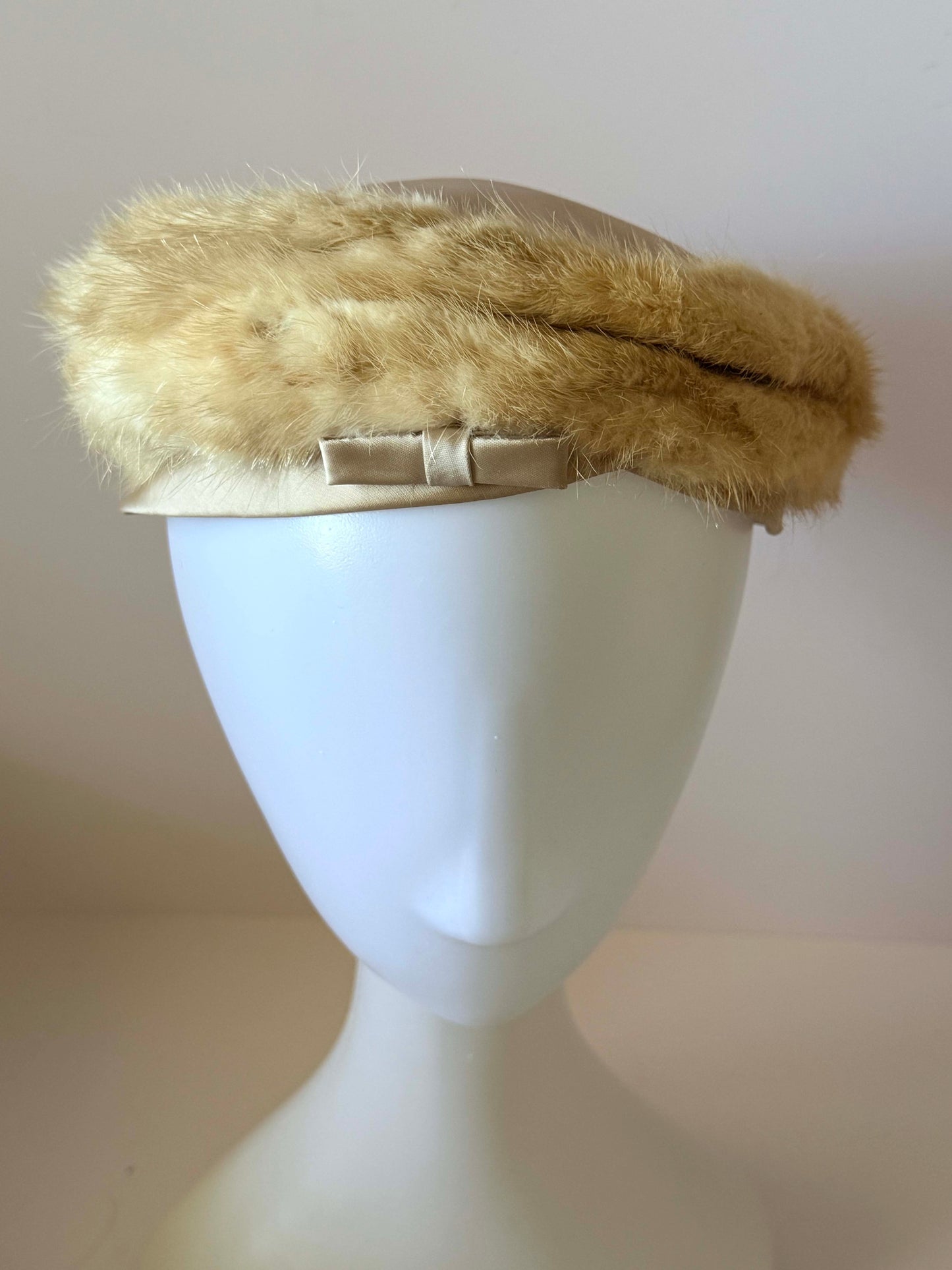 1950s Noreen Tan Mink Fur Hat Satin Pillbox Winter Hat Mid Century Designer Fur Cap Vintage Luxury Cold Weather Hat
