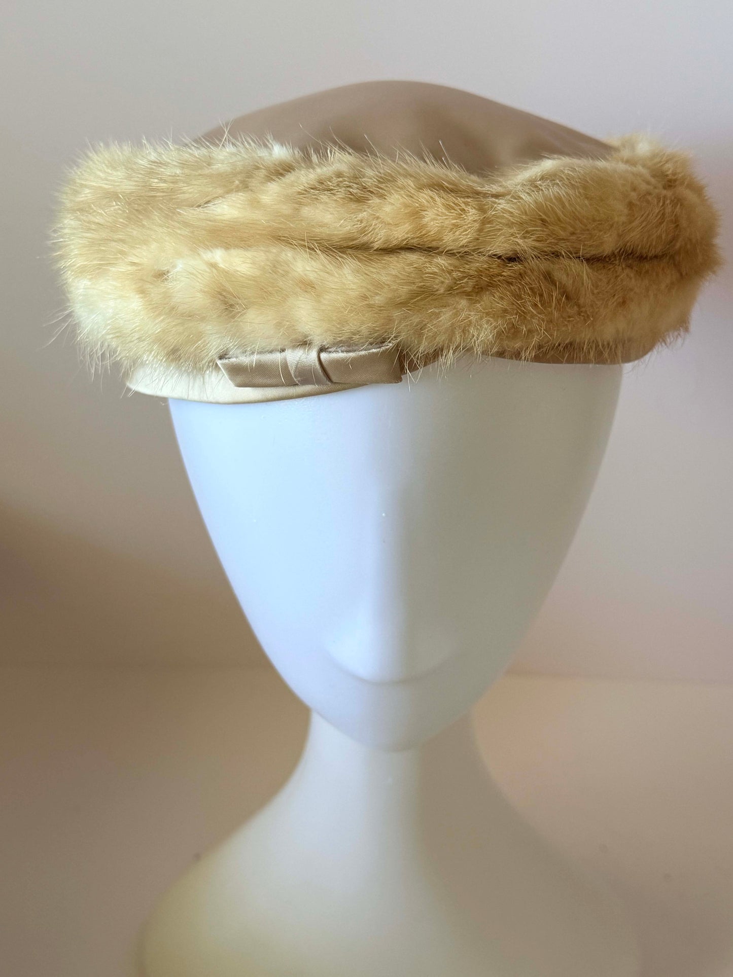 1950s Noreen Tan Mink Fur Hat Satin Pillbox Winter Hat Mid Century Designer Fur Cap Vintage Luxury Cold Weather Hat