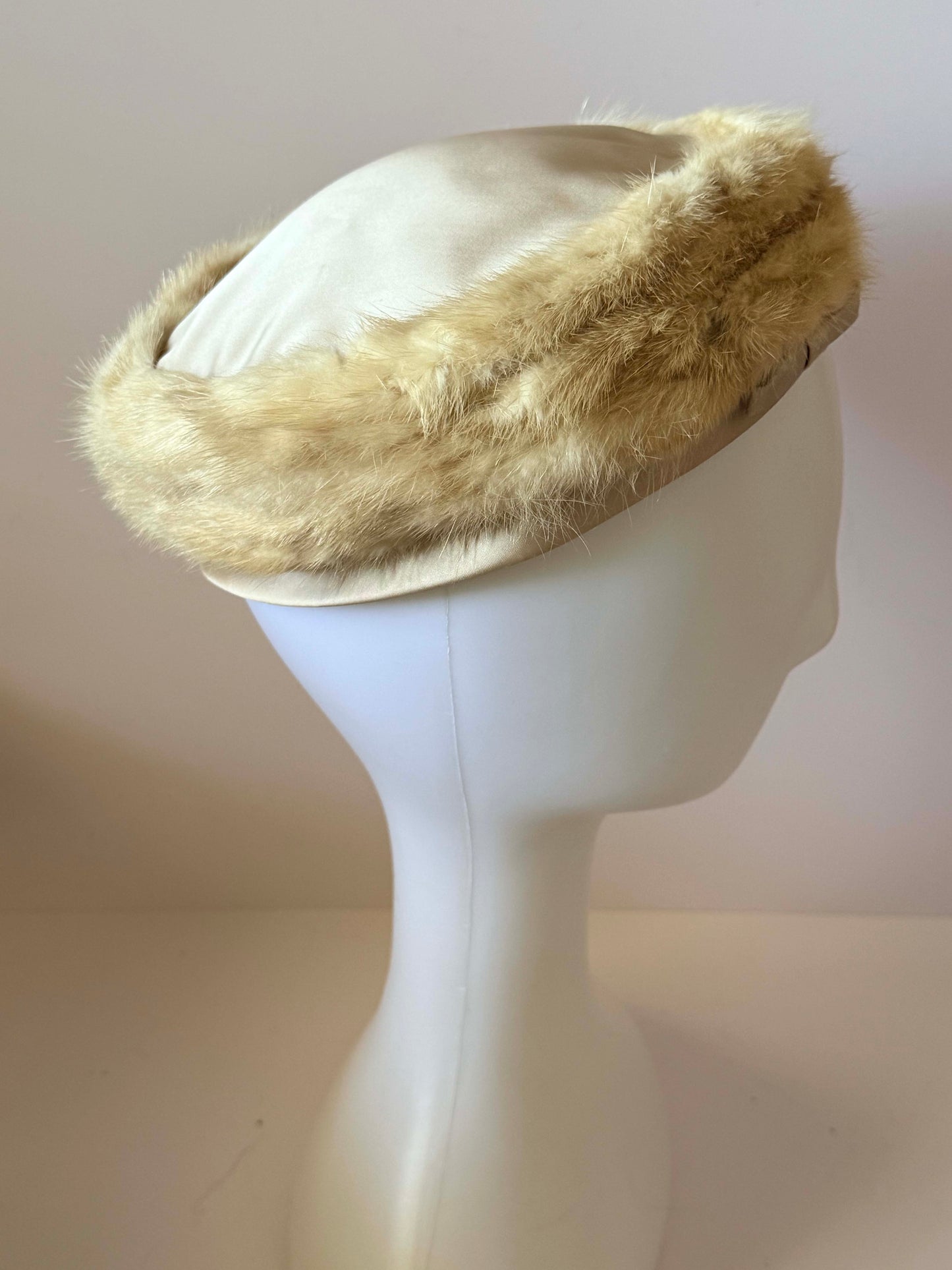 1950s Noreen Tan Mink Fur Hat Satin Pillbox Winter Hat Mid Century Designer Fur Cap Vintage Luxury Cold Weather Hat