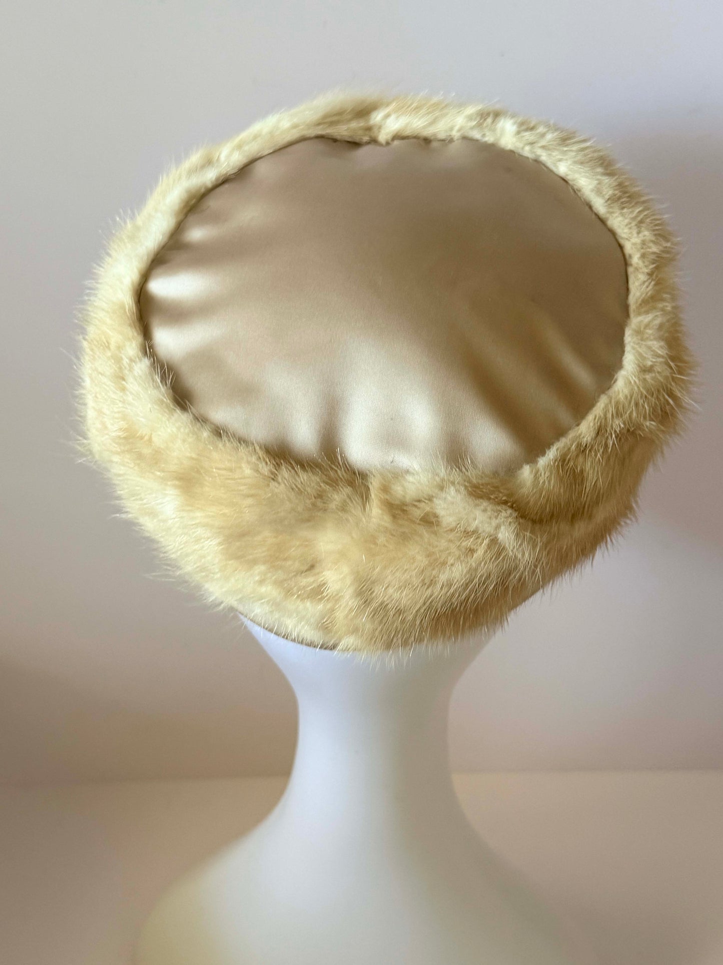 1950s Noreen Tan Mink Fur Hat Satin Pillbox Winter Hat Mid Century Designer Fur Cap Vintage Luxury Cold Weather Hat