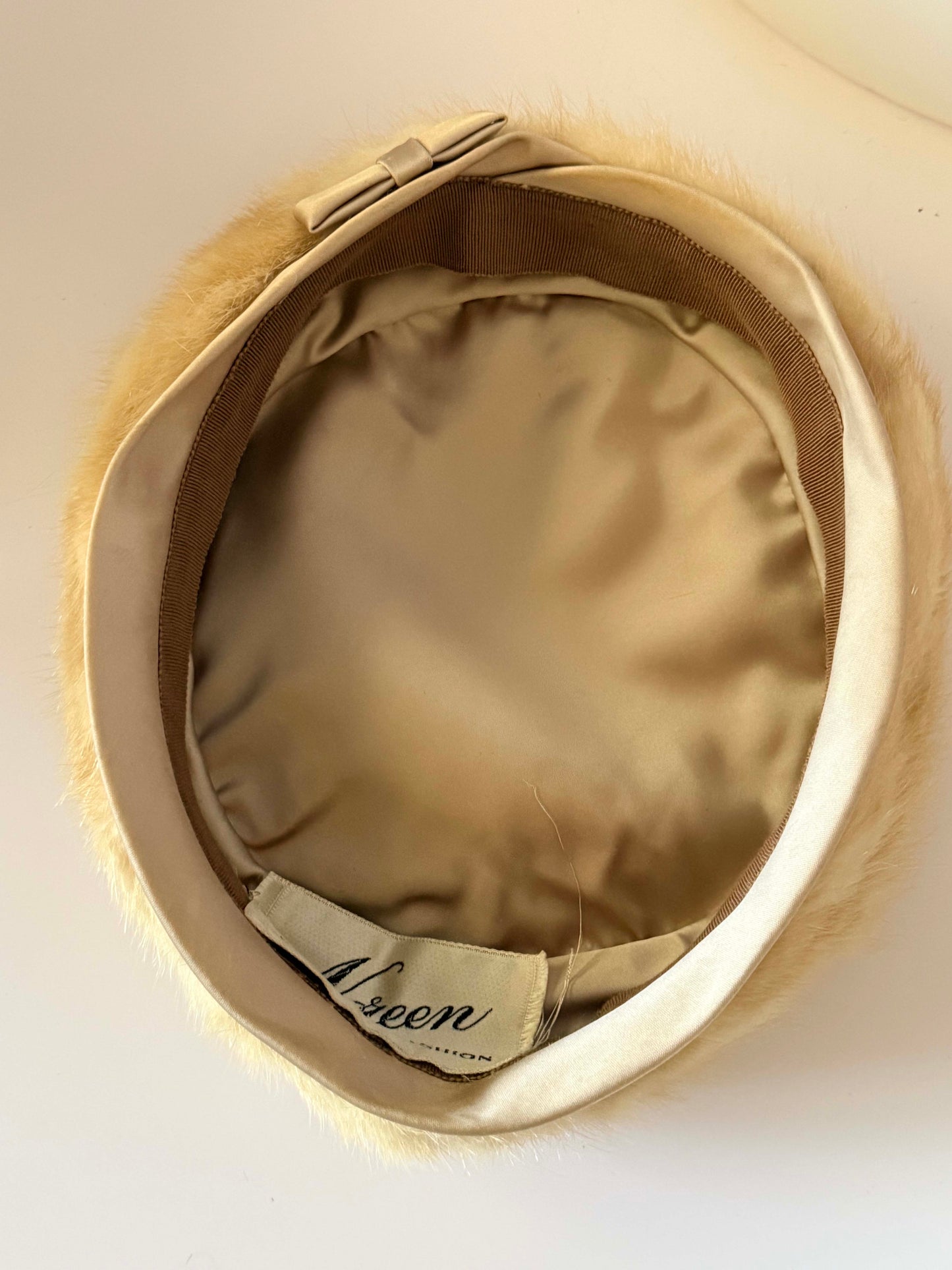 1950s Noreen Tan Mink Fur Hat Satin Pillbox Winter Hat Mid Century Designer Fur Cap Vintage Luxury Cold Weather Hat