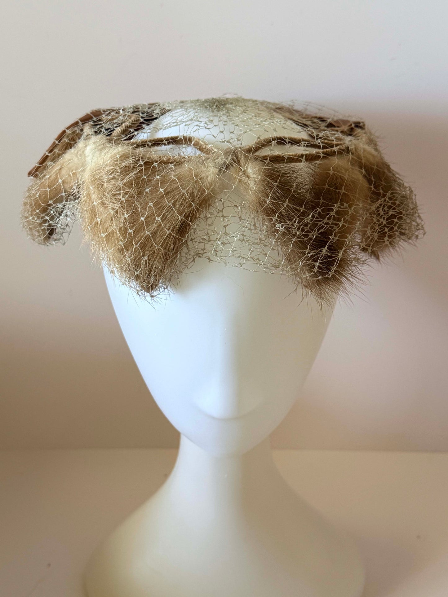 1950s Tan Mink Fur Veiled Cocktail Hat Netting Fascinator Mid Century Sculptural Halo Hat Vintage Evening Headpiece