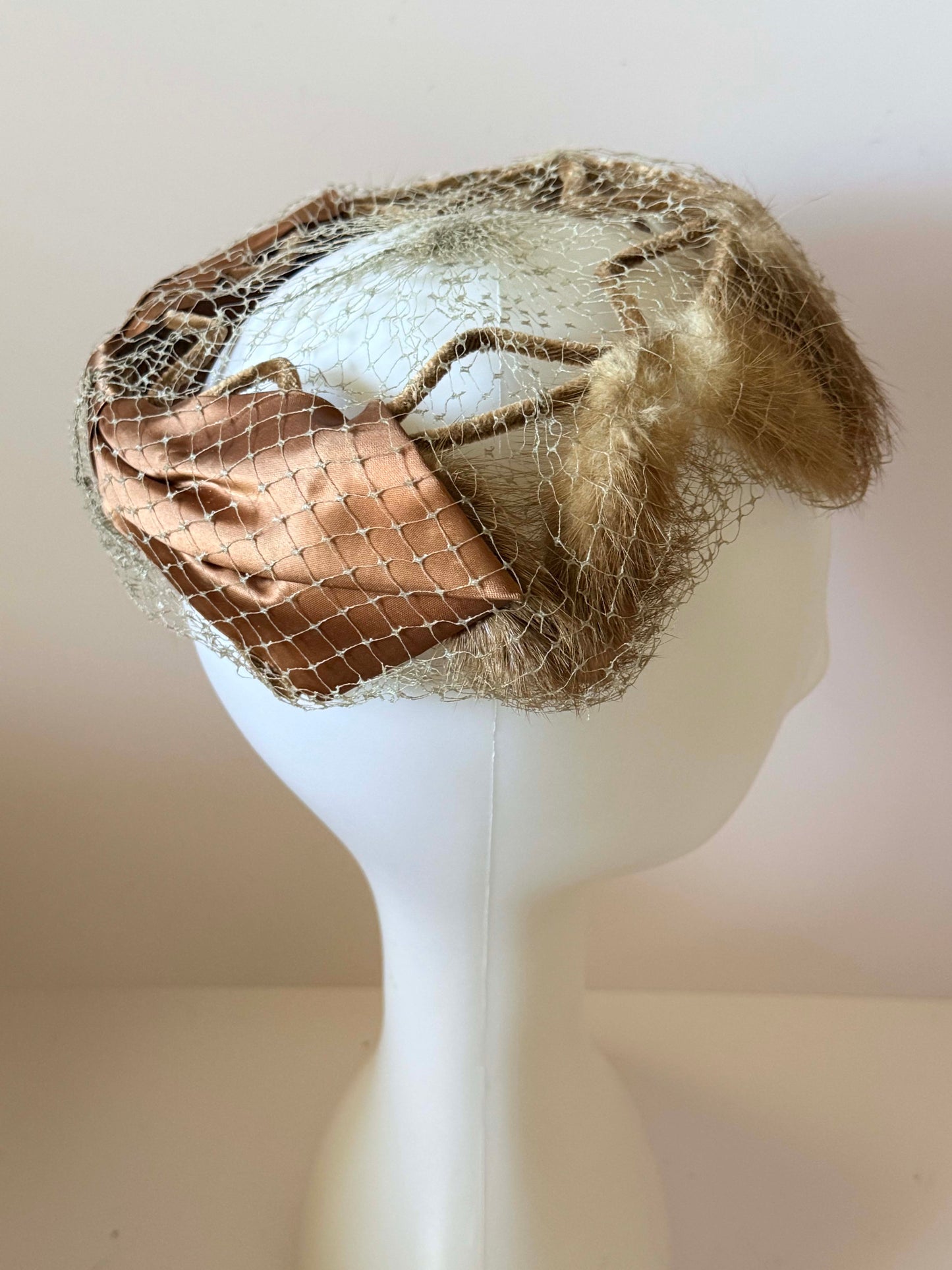 1950s Tan Mink Fur Veiled Cocktail Hat Netting Fascinator Mid Century Sculptural Halo Hat Vintage Evening Headpiece