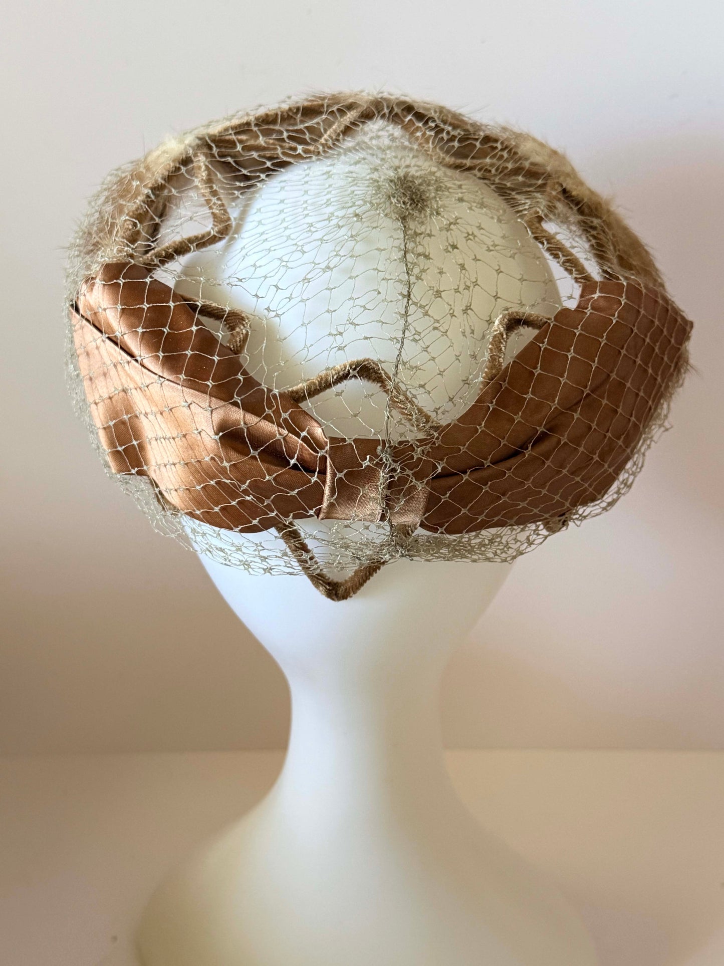 1950s Tan Mink Fur Veiled Cocktail Hat Netting Fascinator Mid Century Sculptural Halo Hat Vintage Evening Headpiece