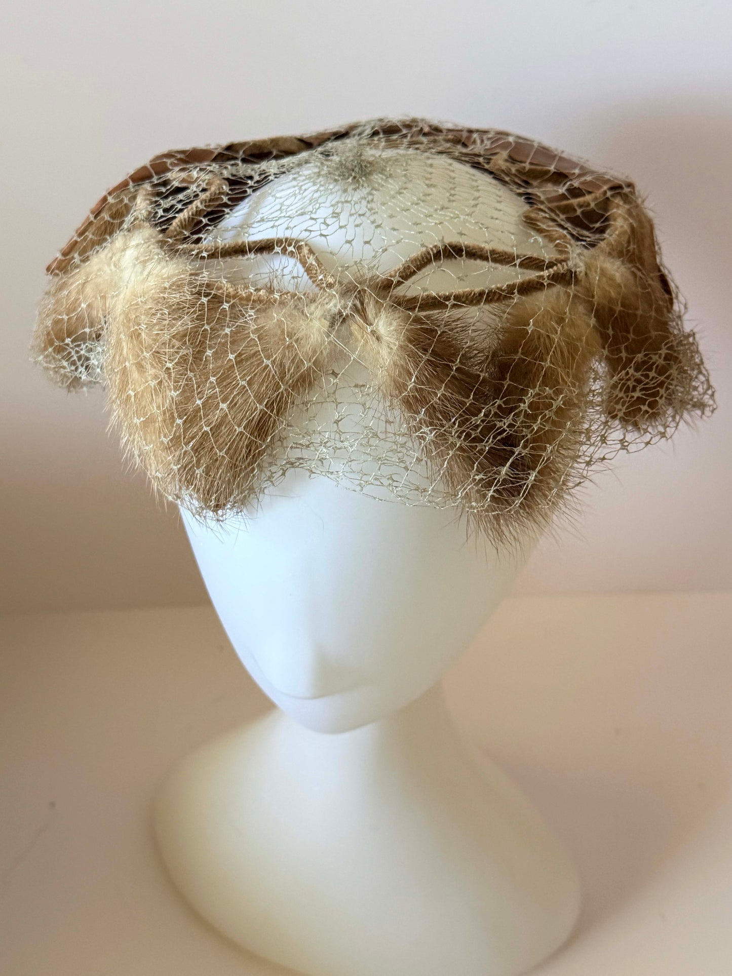 1950s Tan Mink Fur Veiled Cocktail Hat Netting Fascinator Mid Century Sculptural Halo Hat Vintage Evening Headpiece