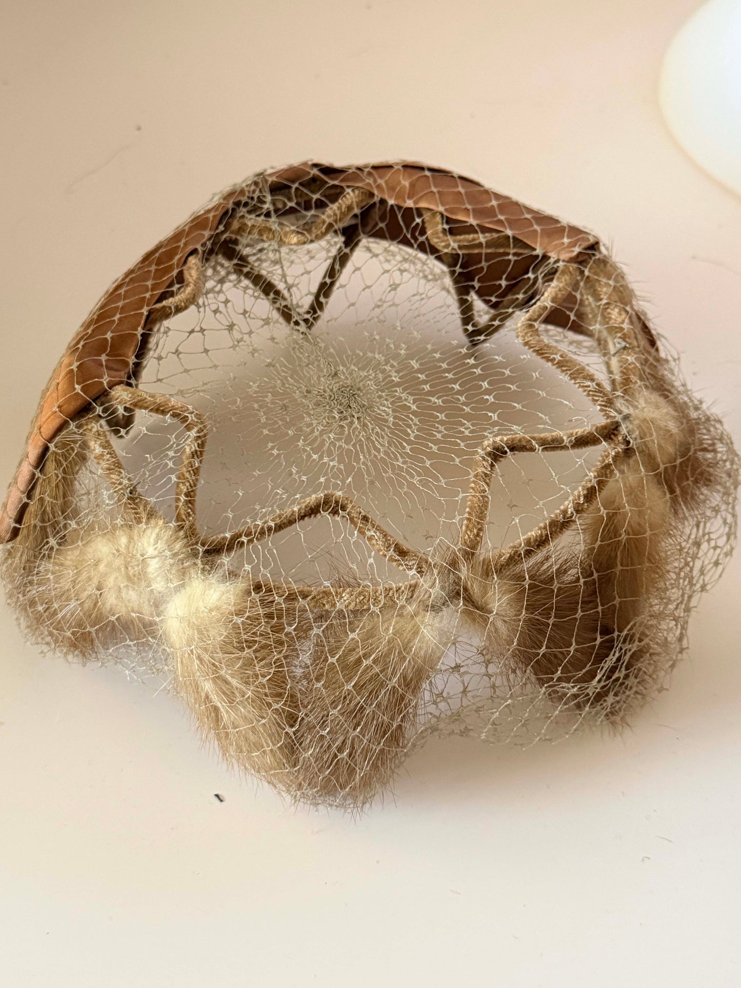1950s Tan Mink Fur Veiled Cocktail Hat Netting Fascinator Mid Century Sculptural Halo Hat Vintage Evening Headpiece