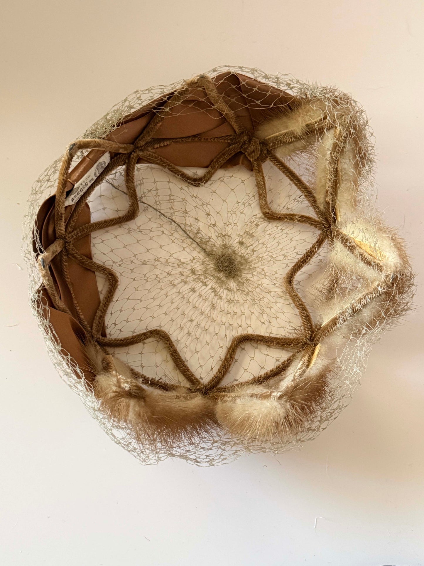 1950s Tan Mink Fur Veiled Cocktail Hat Netting Fascinator Mid Century Sculptural Halo Hat Vintage Evening Headpiece
