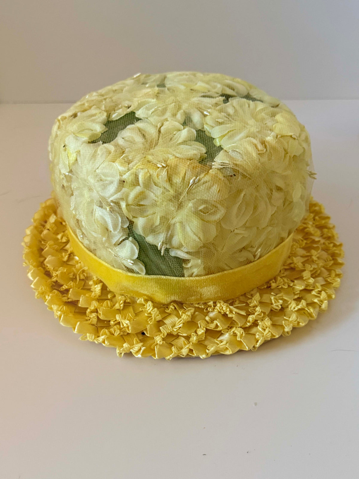Vintage 1960s Yellow Floral Hat | Velvet Raffia Brim Flower Petal Garden Party Hat