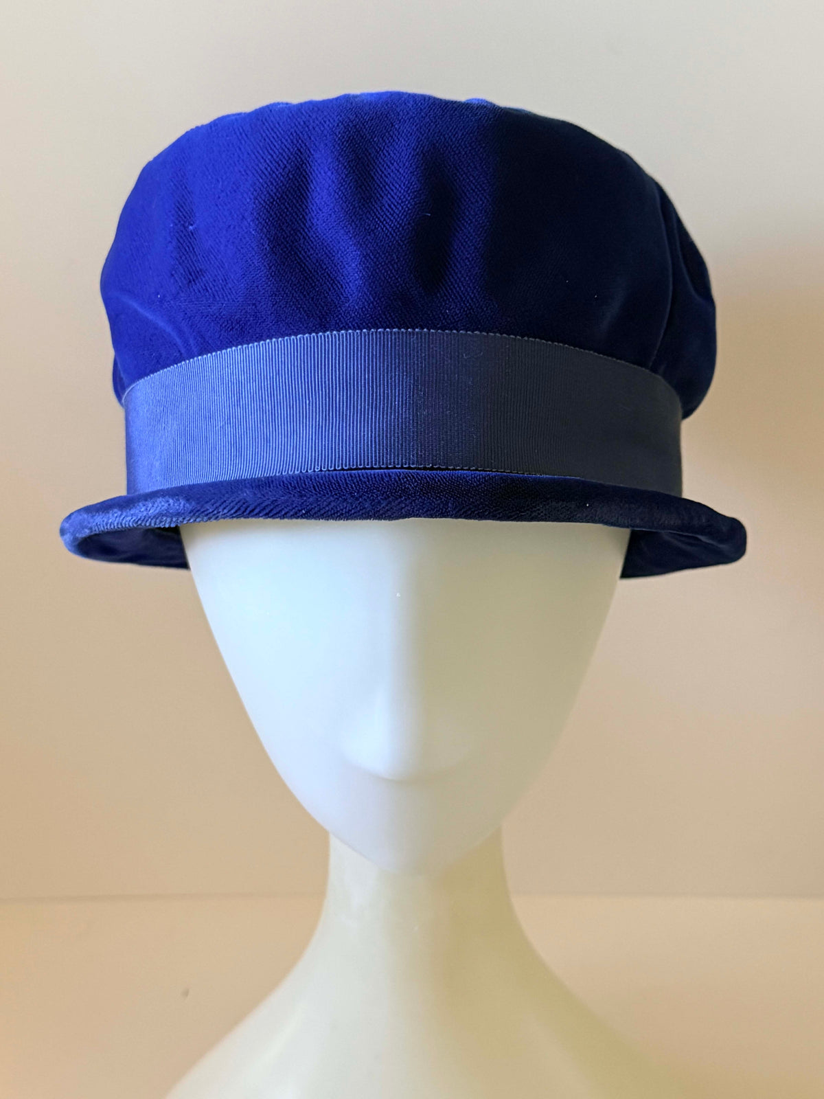 Vintage 1960s Cobalt Blue Velvet Breton Hat | Royal Blue Rolled Brim Grosgrain Ribbon Women's Hat