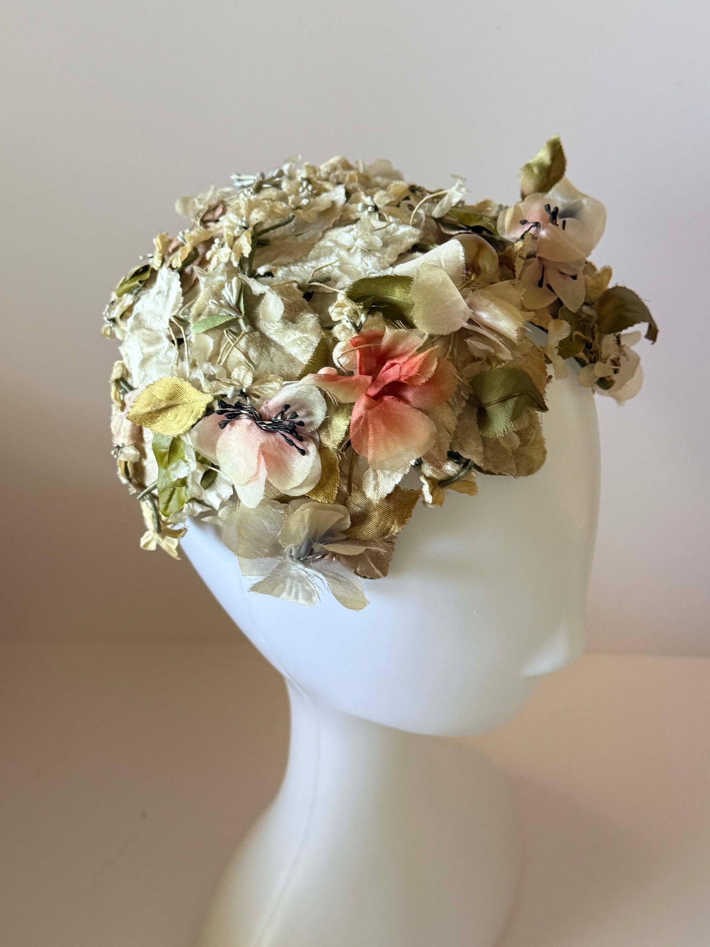 1950s Floral Cocktail Hat Silk Flower Cap Pastel Garden Party Hat Mid Century Statement Floral Millinery Vintage Bridal Headpiece