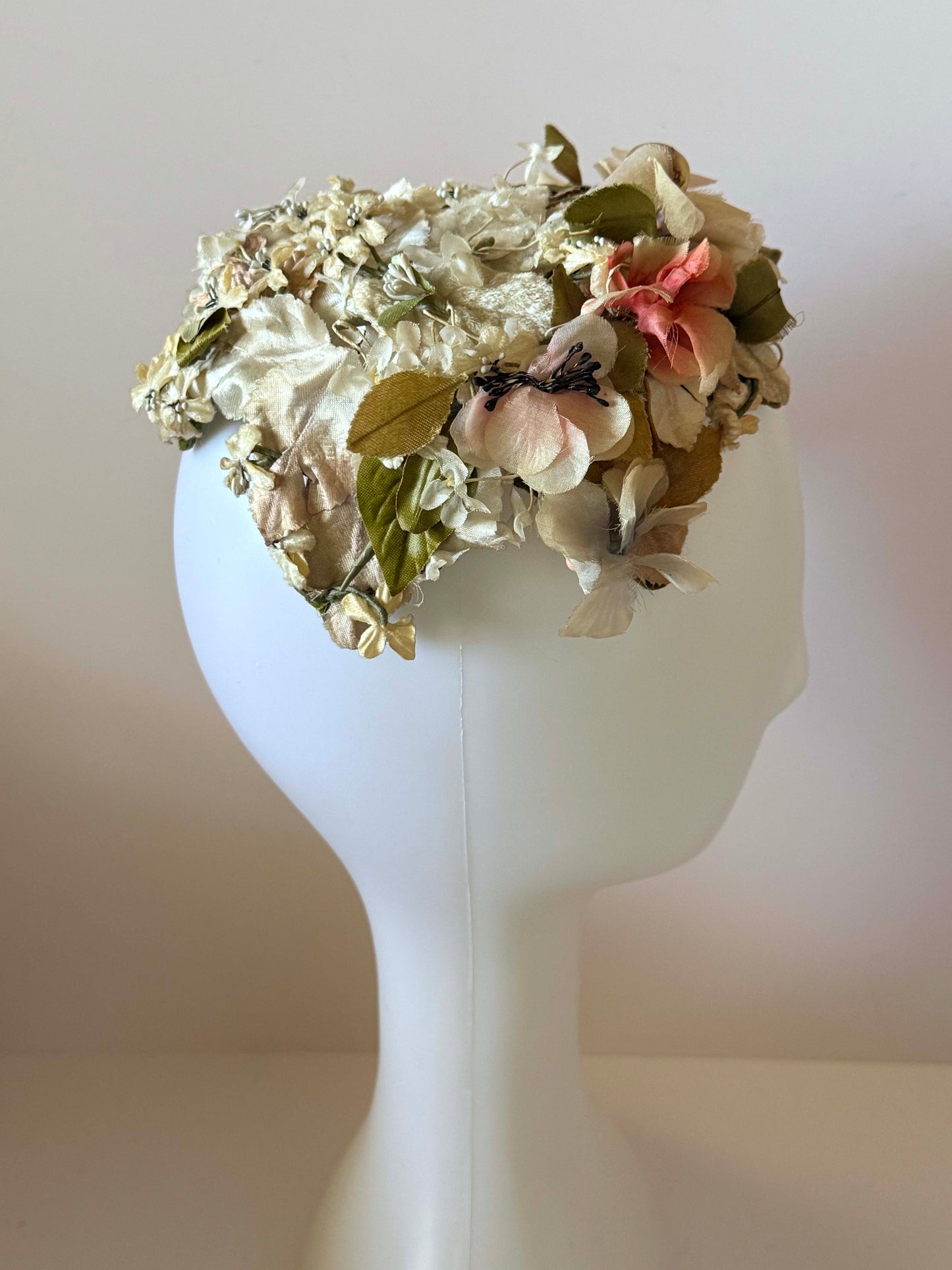 1950s Floral Cocktail Hat Silk Flower Cap Pastel Garden Party Hat Mid Century Statement Floral Millinery Vintage Bridal Headpiece