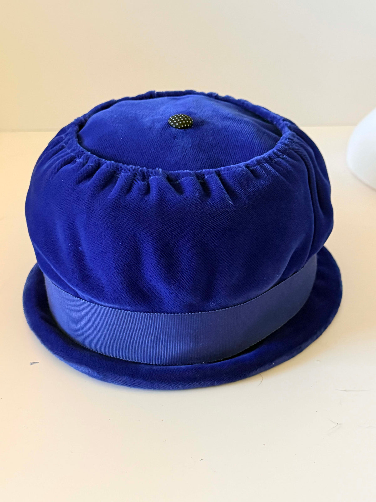 Vintage 1960s Cobalt Blue Velvet Breton Hat | Royal Blue Rolled Brim Grosgrain Ribbon Women's Hat