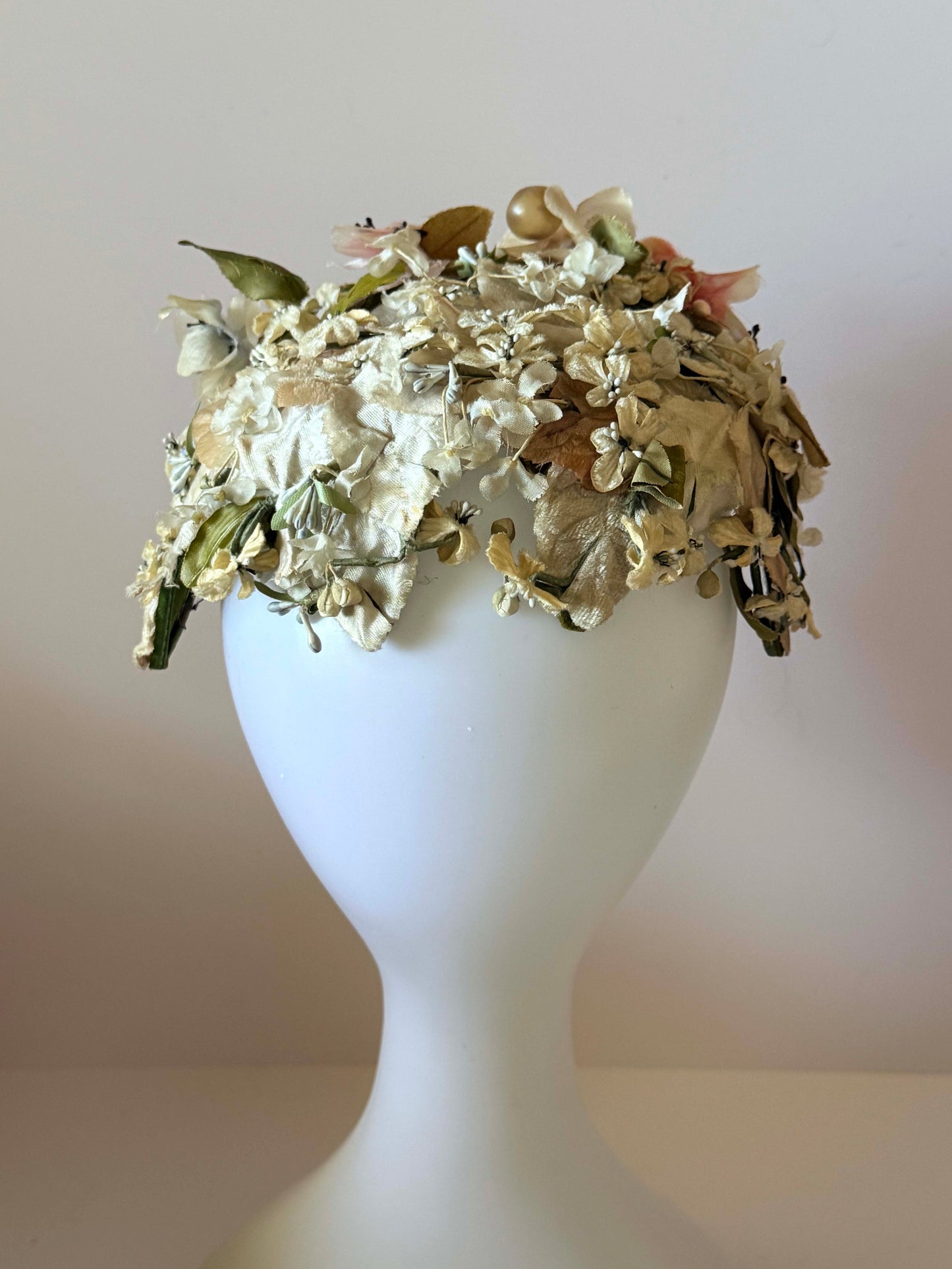 1950s Floral Cocktail Hat Silk Flower Cap Pastel Garden Party Hat Mid Century Statement Floral Millinery Vintage Bridal Headpiece