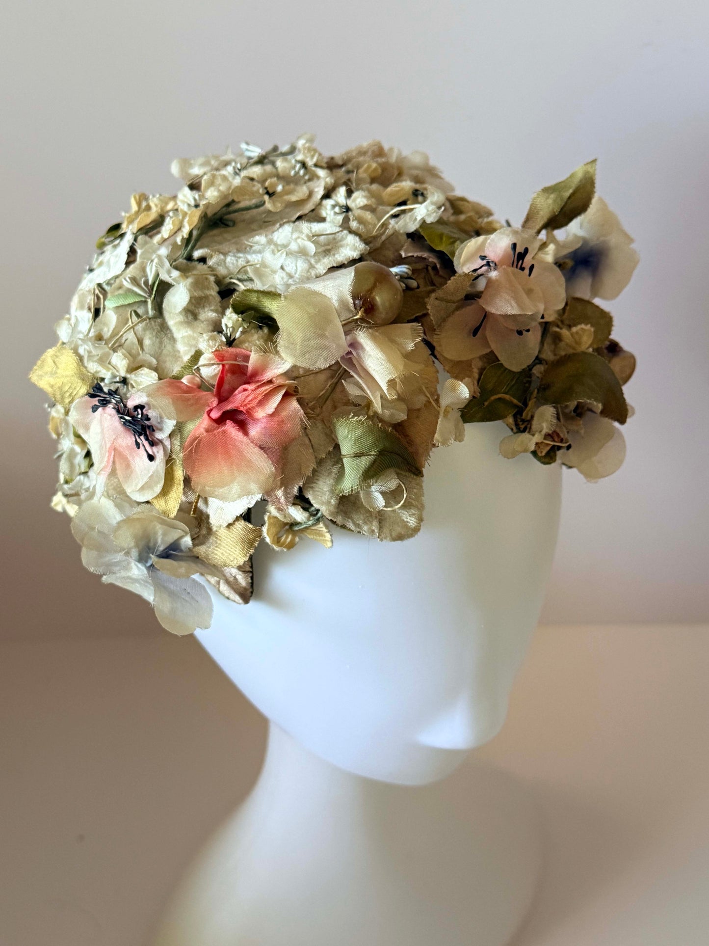1950s Floral Cocktail Hat Silk Flower Cap Pastel Garden Party Hat Mid Century Statement Floral Millinery Vintage Bridal Headpiece