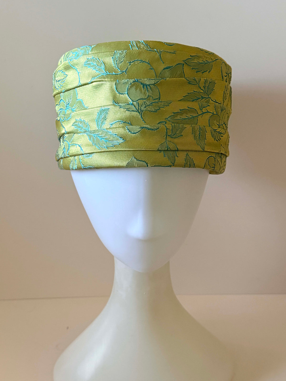 Vintage 1960s Chartreuse Green Turquoise Floral Brocade Pillbox Hat | Pleated Mid Century Women's Hat