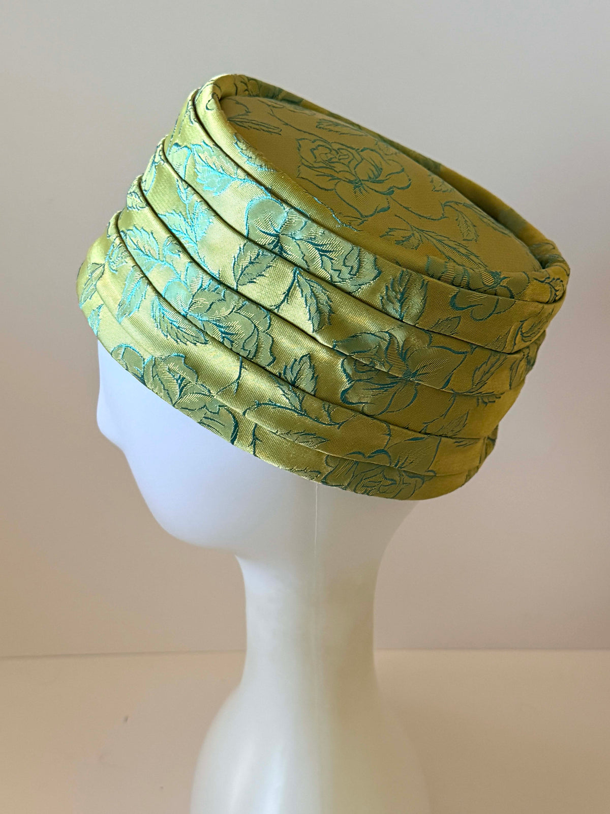 Vintage 1960s Chartreuse Green Turquoise Floral Brocade Pillbox Hat | Pleated Mid Century Women's Hat
