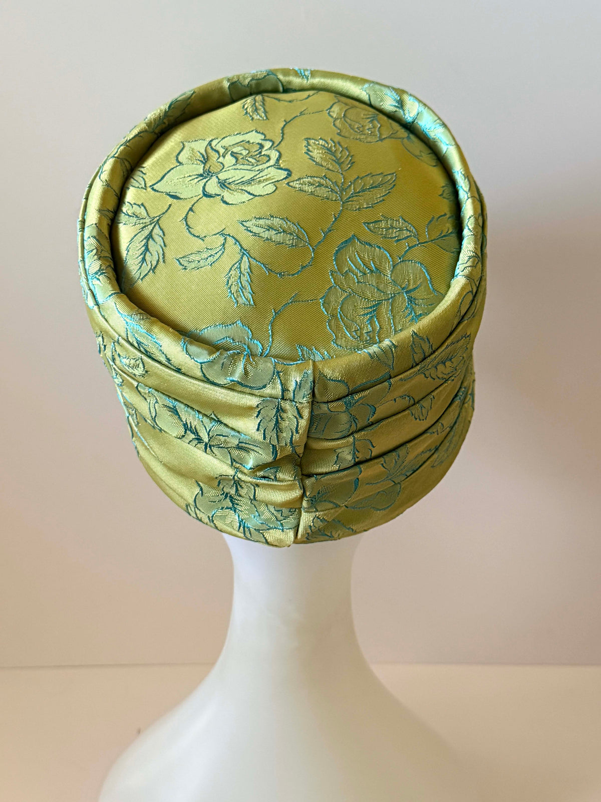 Vintage 1960s Chartreuse Green Turquoise Floral Brocade Pillbox Hat | Pleated Mid Century Women's Hat