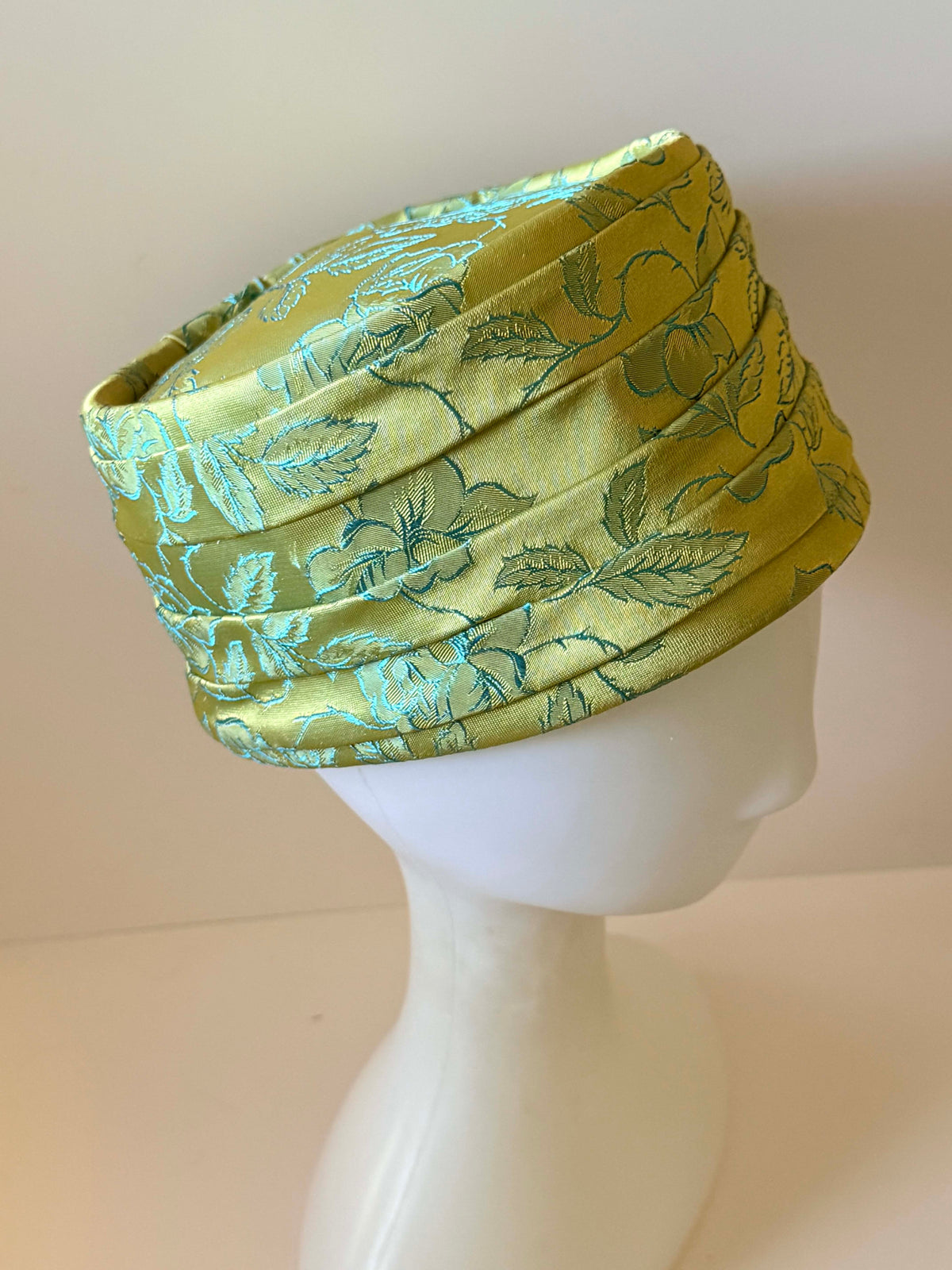 Vintage 1960s Chartreuse Green Turquoise Floral Brocade Pillbox Hat | Pleated Mid Century Women's Hat