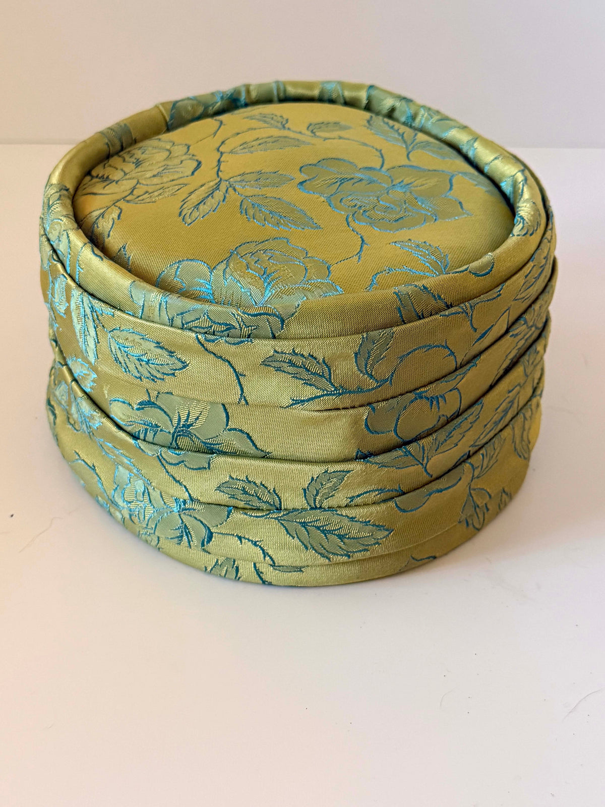 Vintage 1960s Chartreuse Green Turquoise Floral Brocade Pillbox Hat | Pleated Mid Century Women's Hat