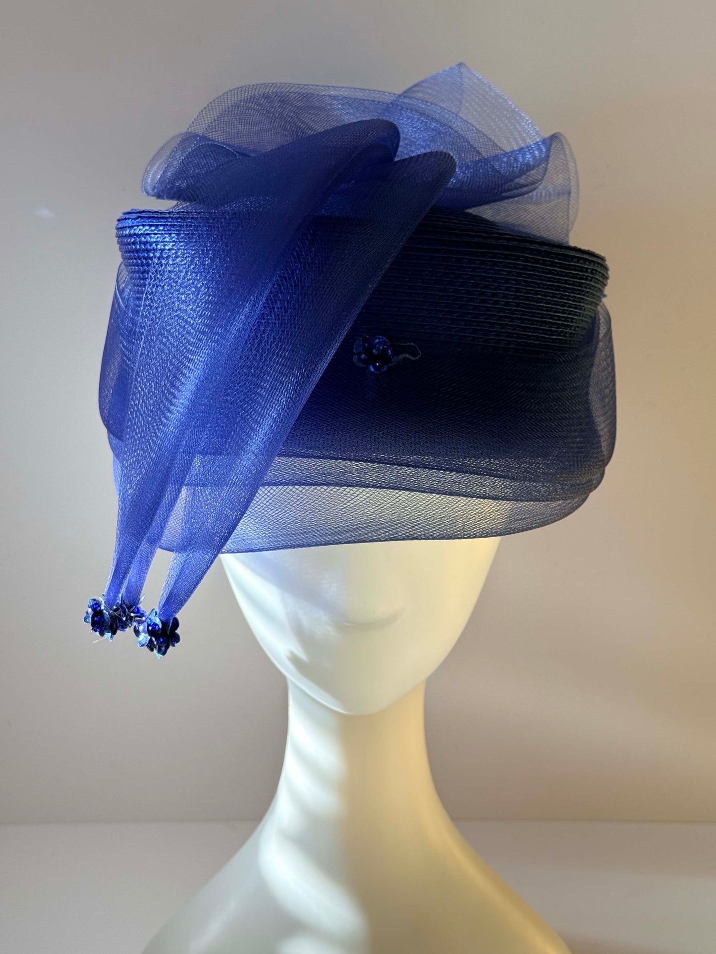 Vintage 1990s Cobalt Blue Hat Sinamay Pillbox Sculptural Bow Veil Beaded Detail Kentucky Derby Cocktail Hat Statement Millinery