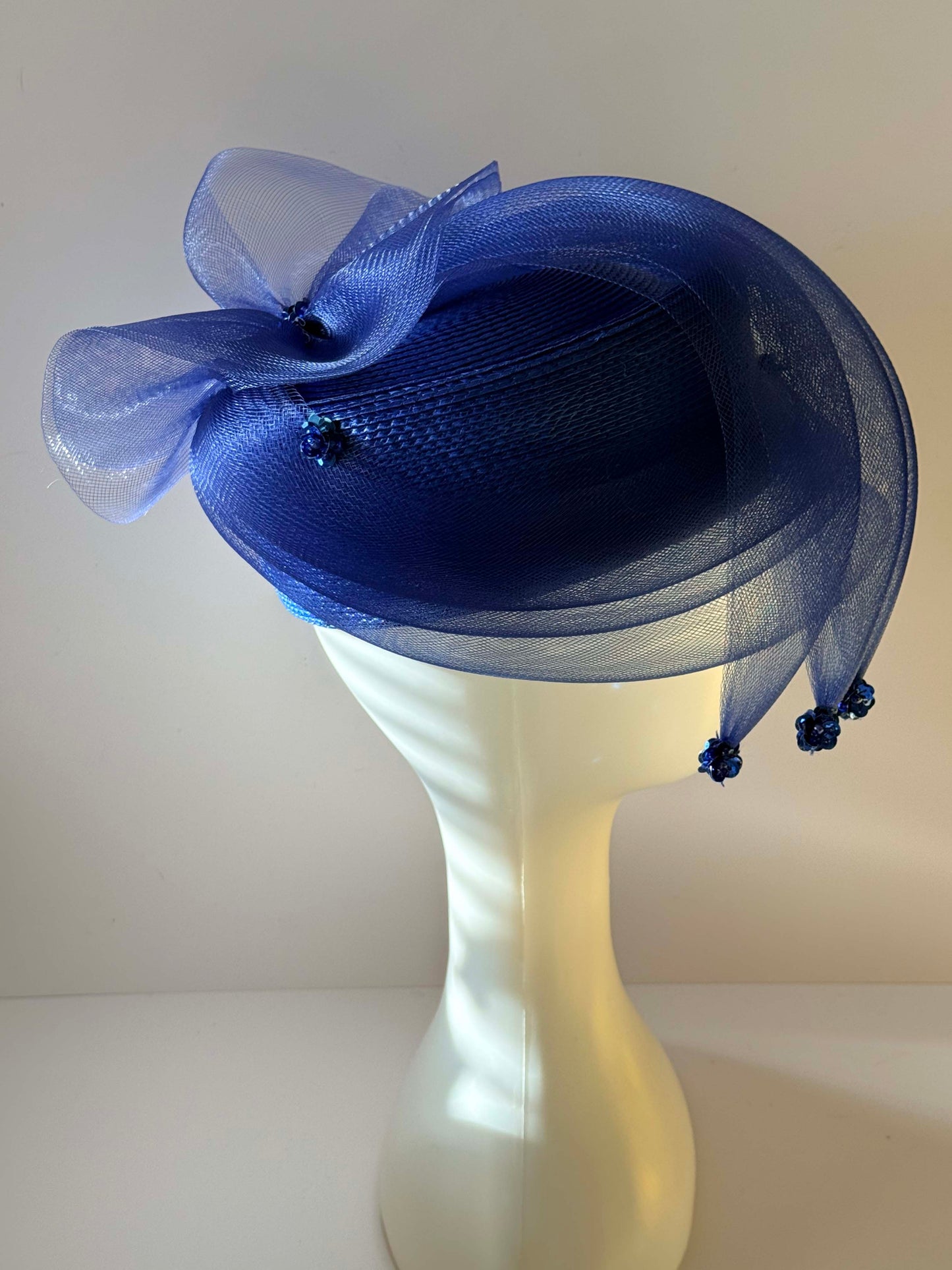 Vintage 1990s Cobalt Blue Hat Sinamay Pillbox Sculptural Bow Veil Beaded Detail Kentucky Derby Cocktail Hat Statement Millinery