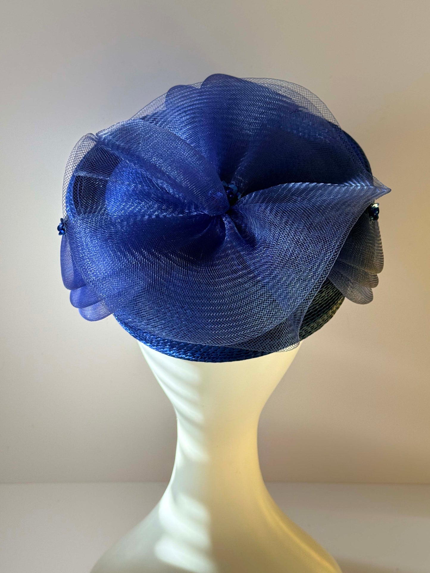 Vintage 1990s Cobalt Blue Hat Sinamay Pillbox Sculptural Bow Veil Beaded Detail Kentucky Derby Cocktail Hat Statement Millinery