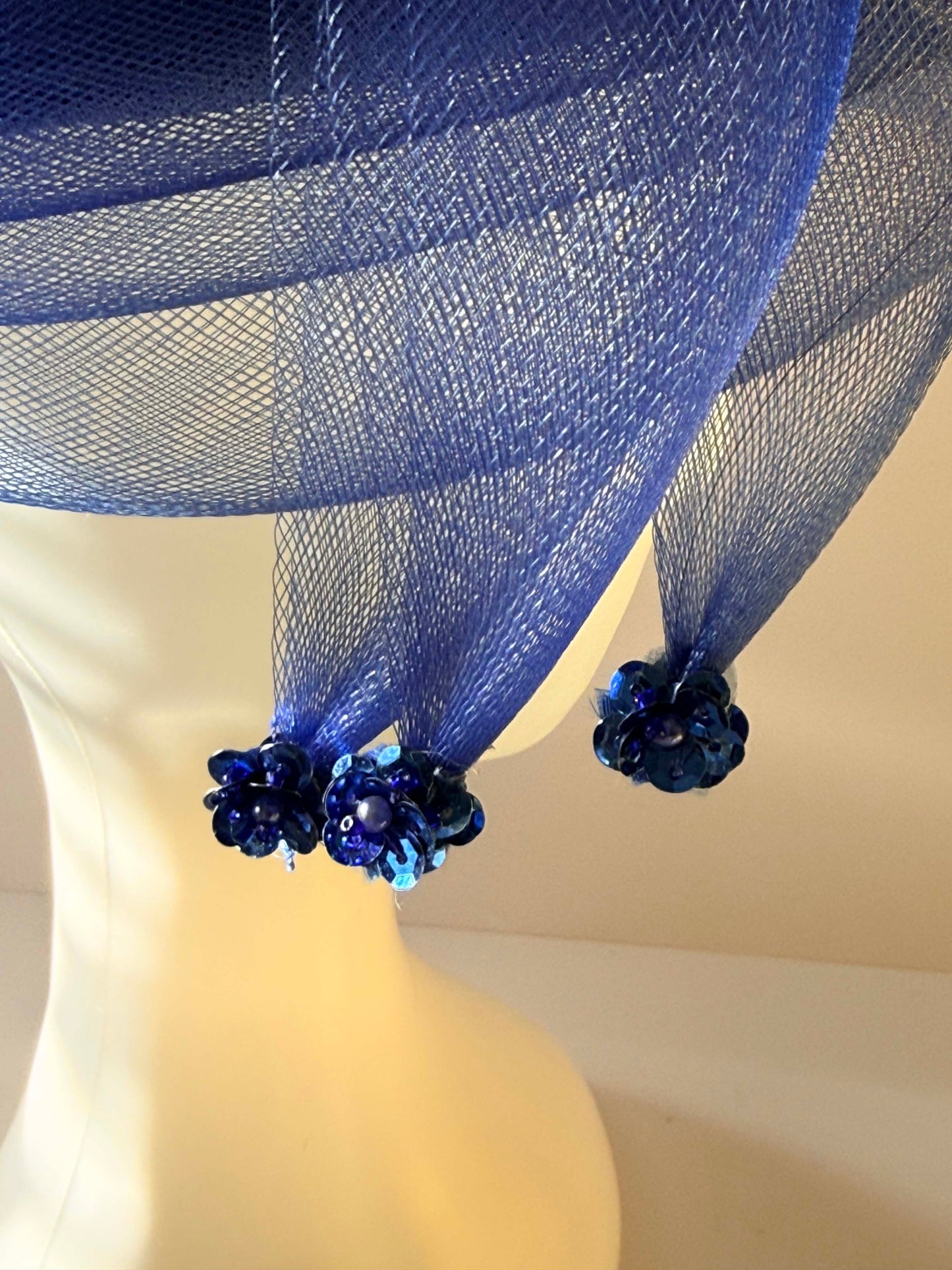 Vintage 1990s Cobalt Blue Hat Sinamay Pillbox Sculptural Bow Veil Beaded Detail Kentucky Derby Cocktail Hat Statement Millinery
