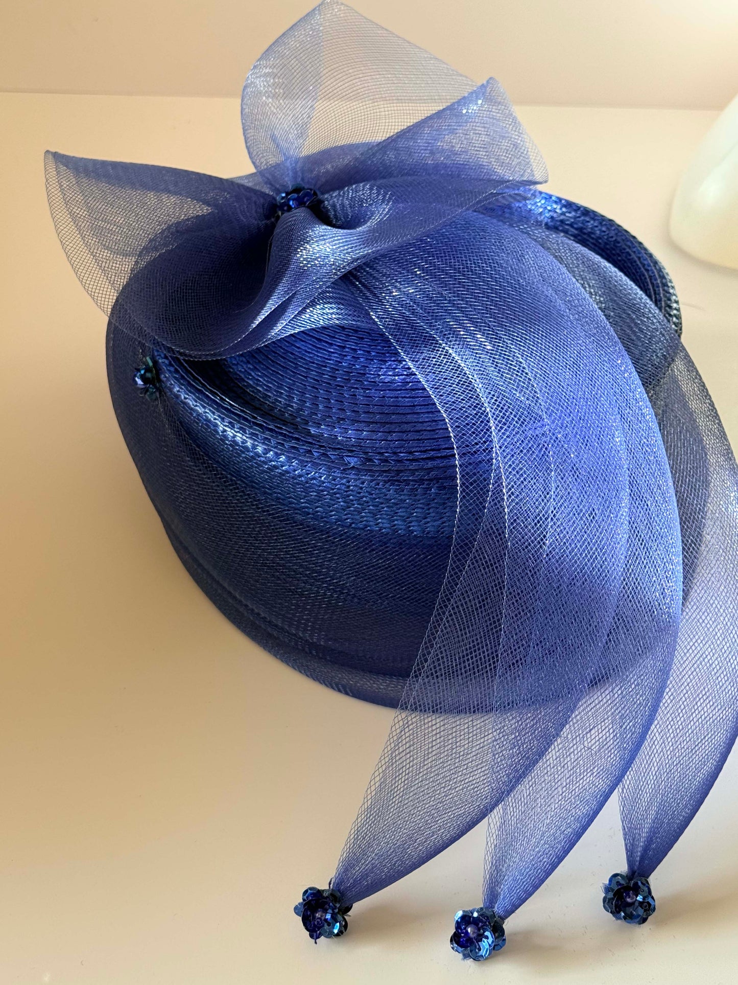 Vintage 1990s Cobalt Blue Hat Sinamay Pillbox Sculptural Bow Veil Beaded Detail Kentucky Derby Cocktail Hat Statement Millinery